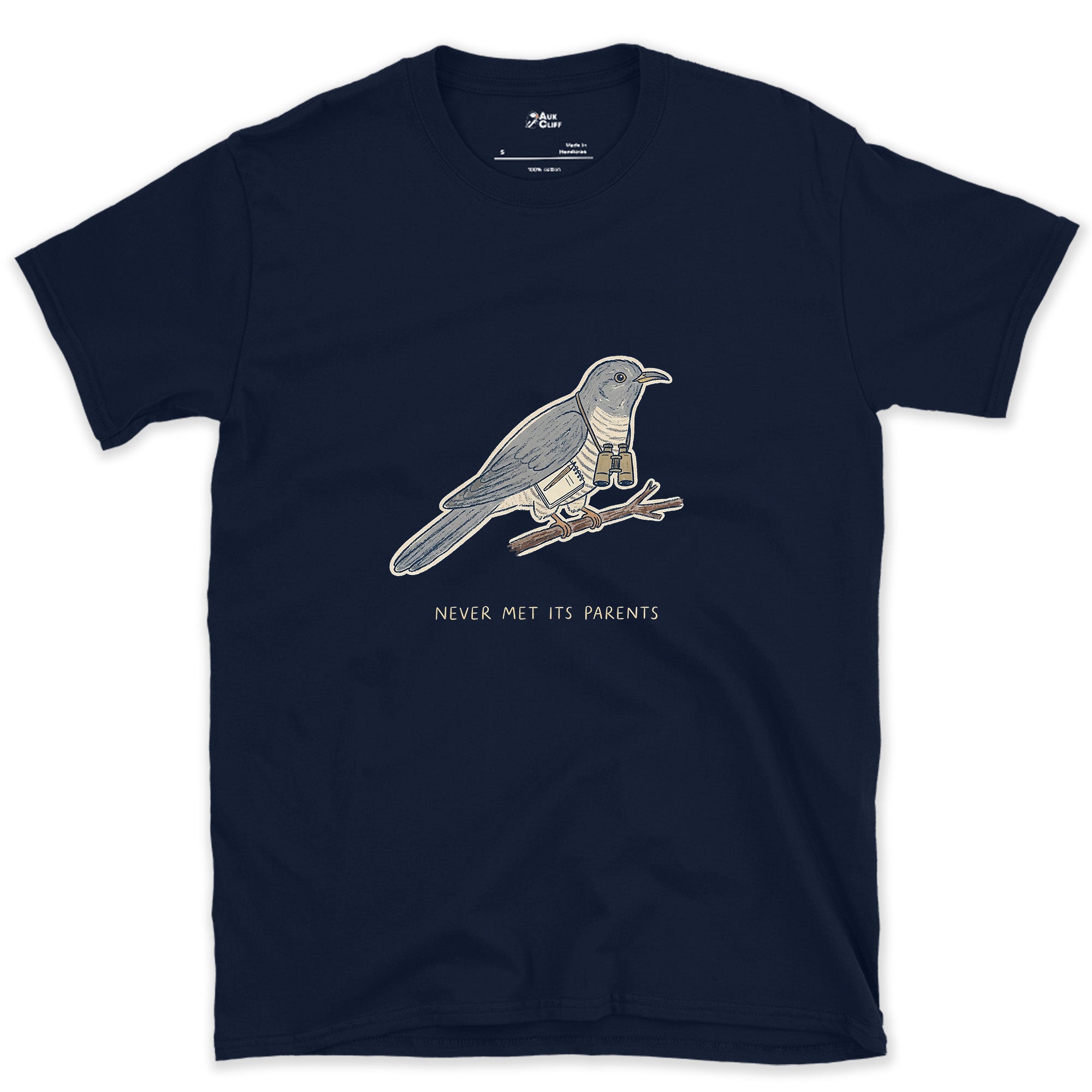 Never Met Its Parents, Cuckoo design on a Navy Gildan Softstyle t-shirt