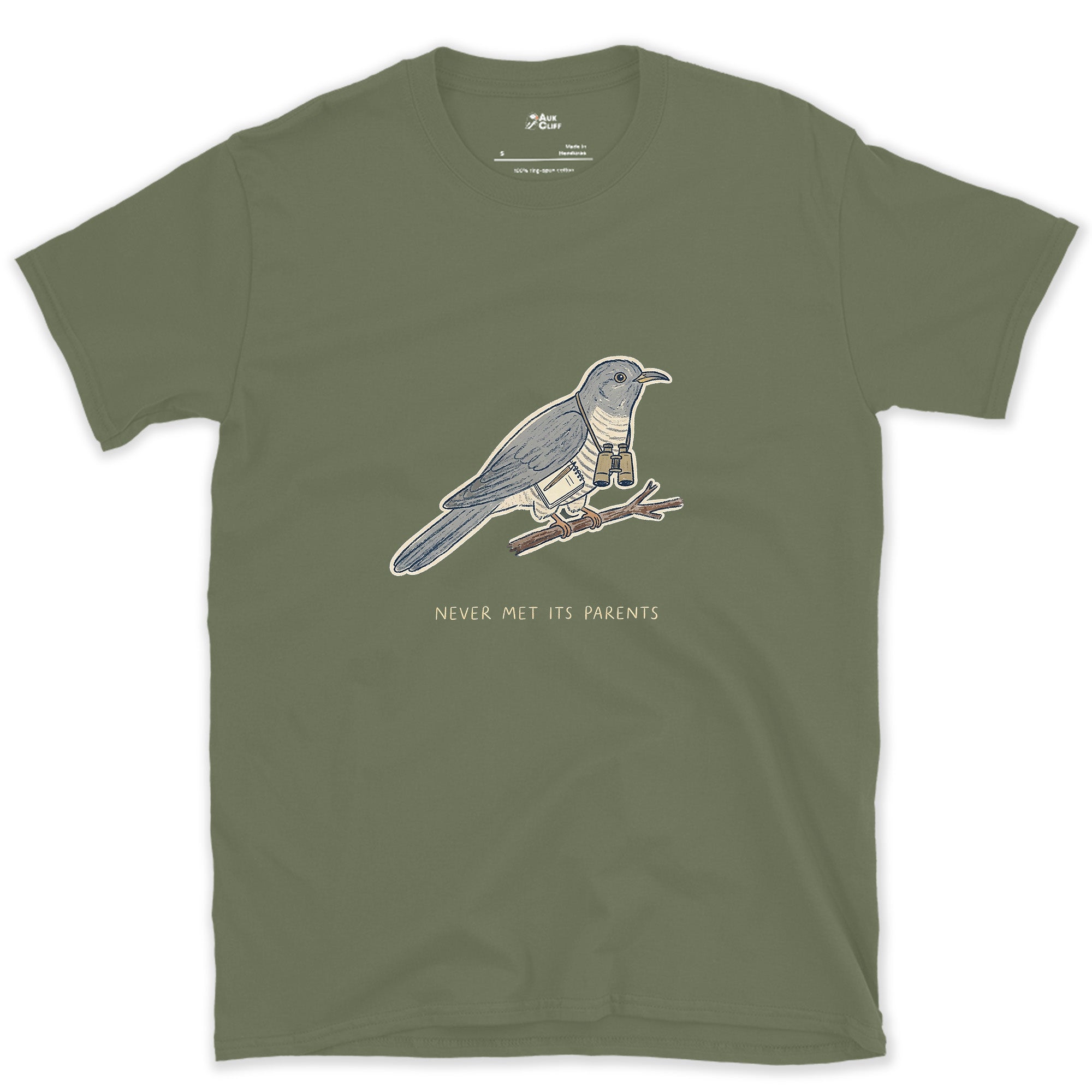 Never Met Its Parents, Cuckoo design on a Military Green Gildan Softstyle t-shirt