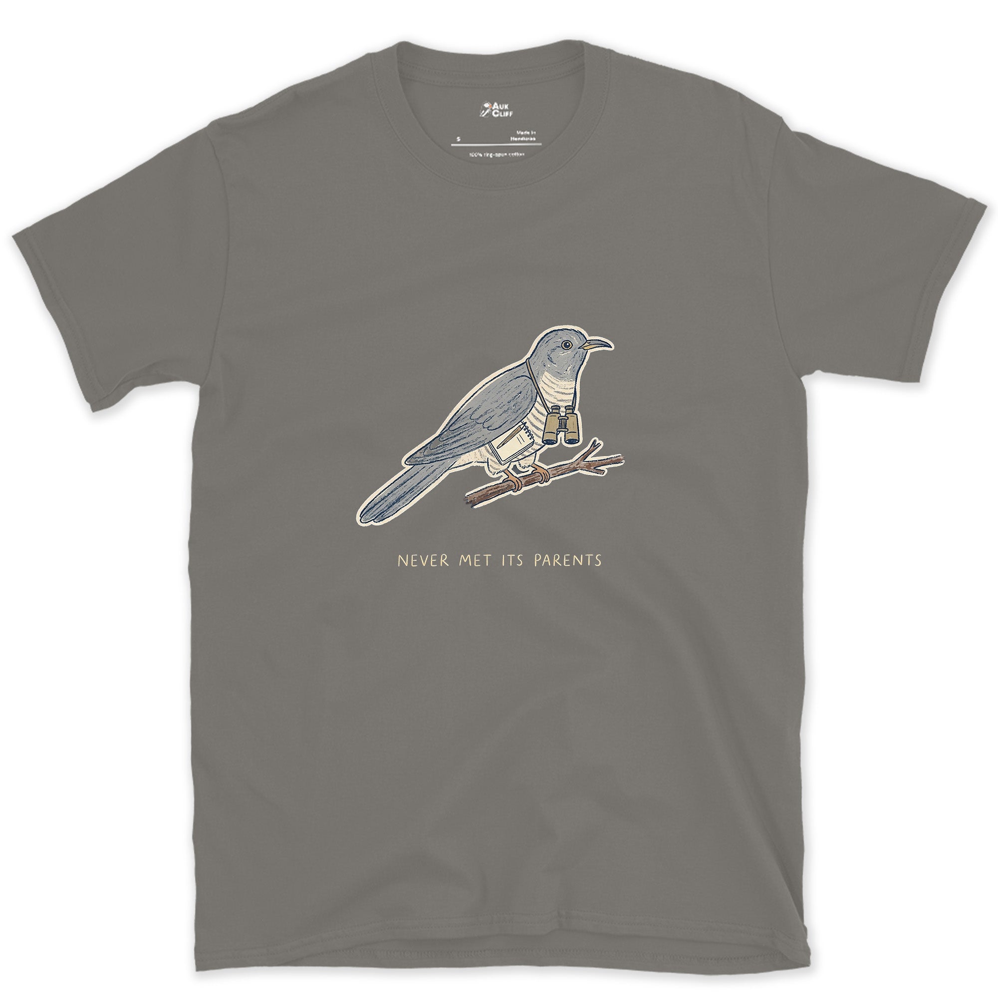 Never Met Its Parents, Cuckoo design on a Charcoal Gildan Softstyle t-shirt