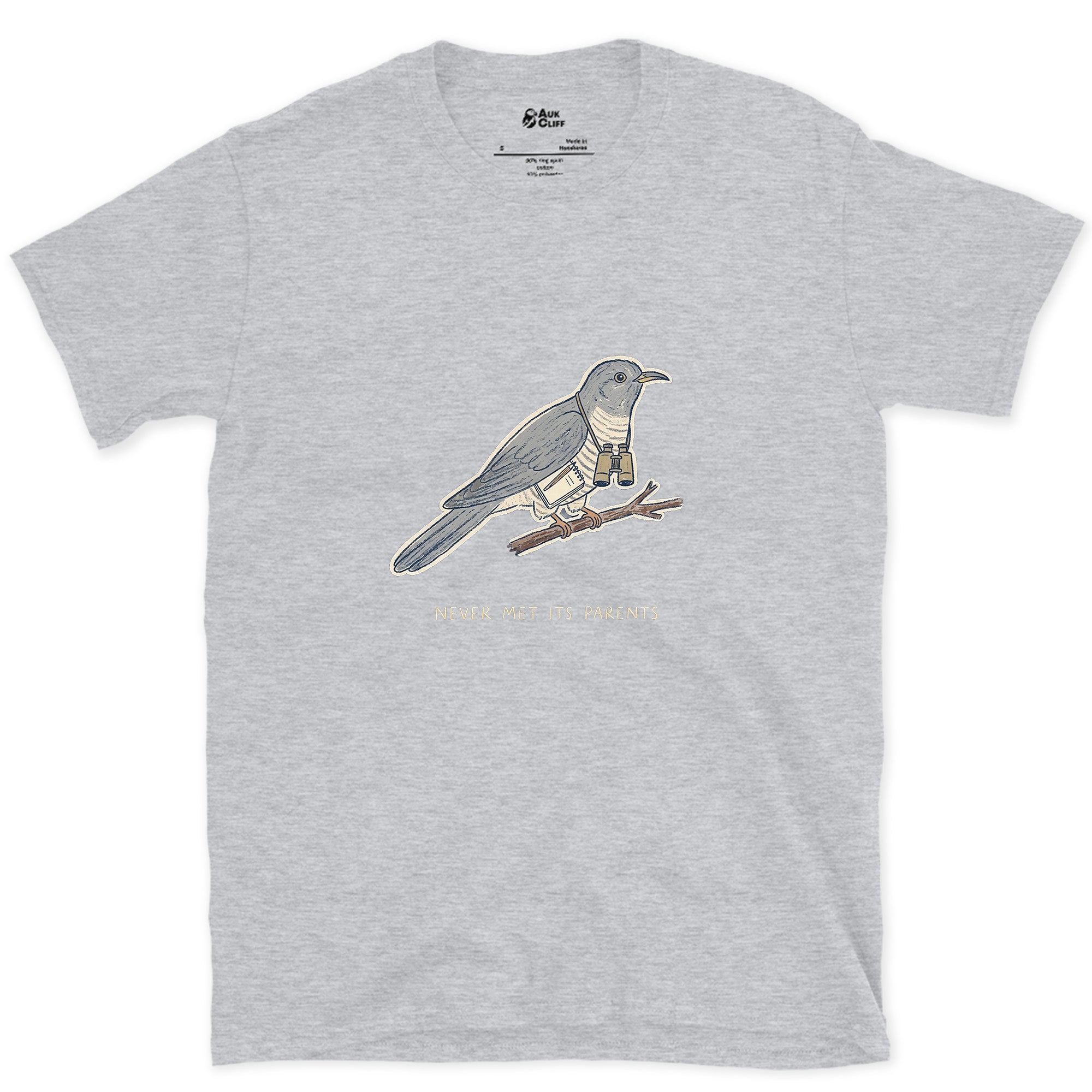 Never Met Its Parents, Cuckoo design on a Sport Grey Gildan Softstyle t-shirt