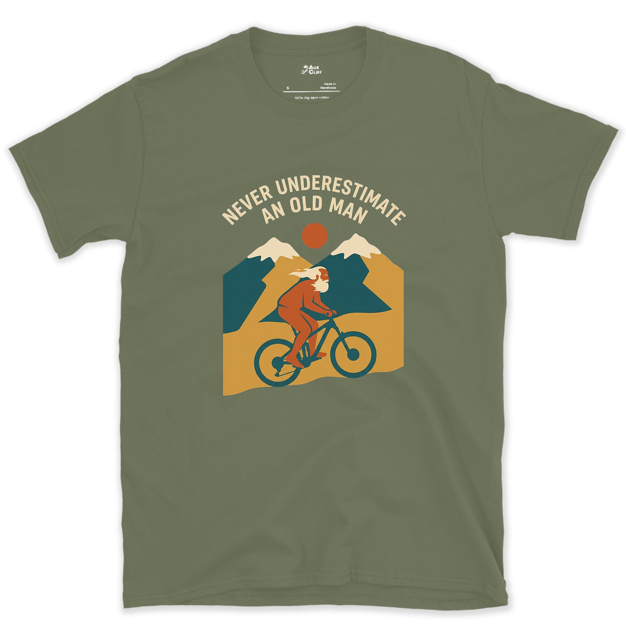 Crossing the Saddle Between Two Peaks design on a Military Green Gildan Softstyle t-shirt