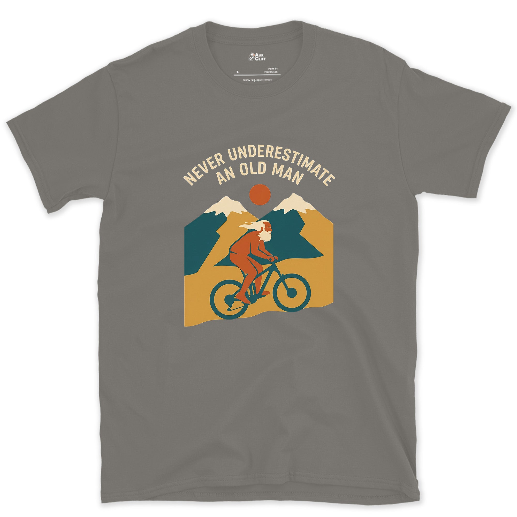 Crossing the Saddle Between Two Peaks design on a Charcoal Gildan Softstyle t-shirt