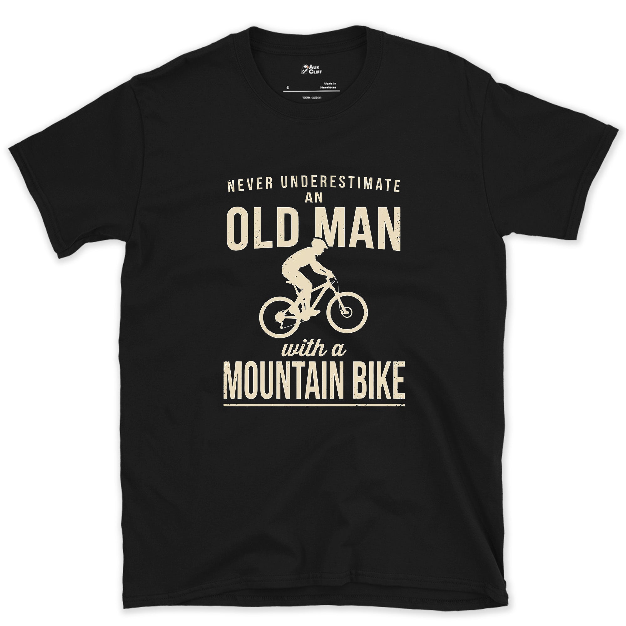 Never Underestimate an Old Man With a Mountain Bike design on a Black Gildan Softstyle t-shirt