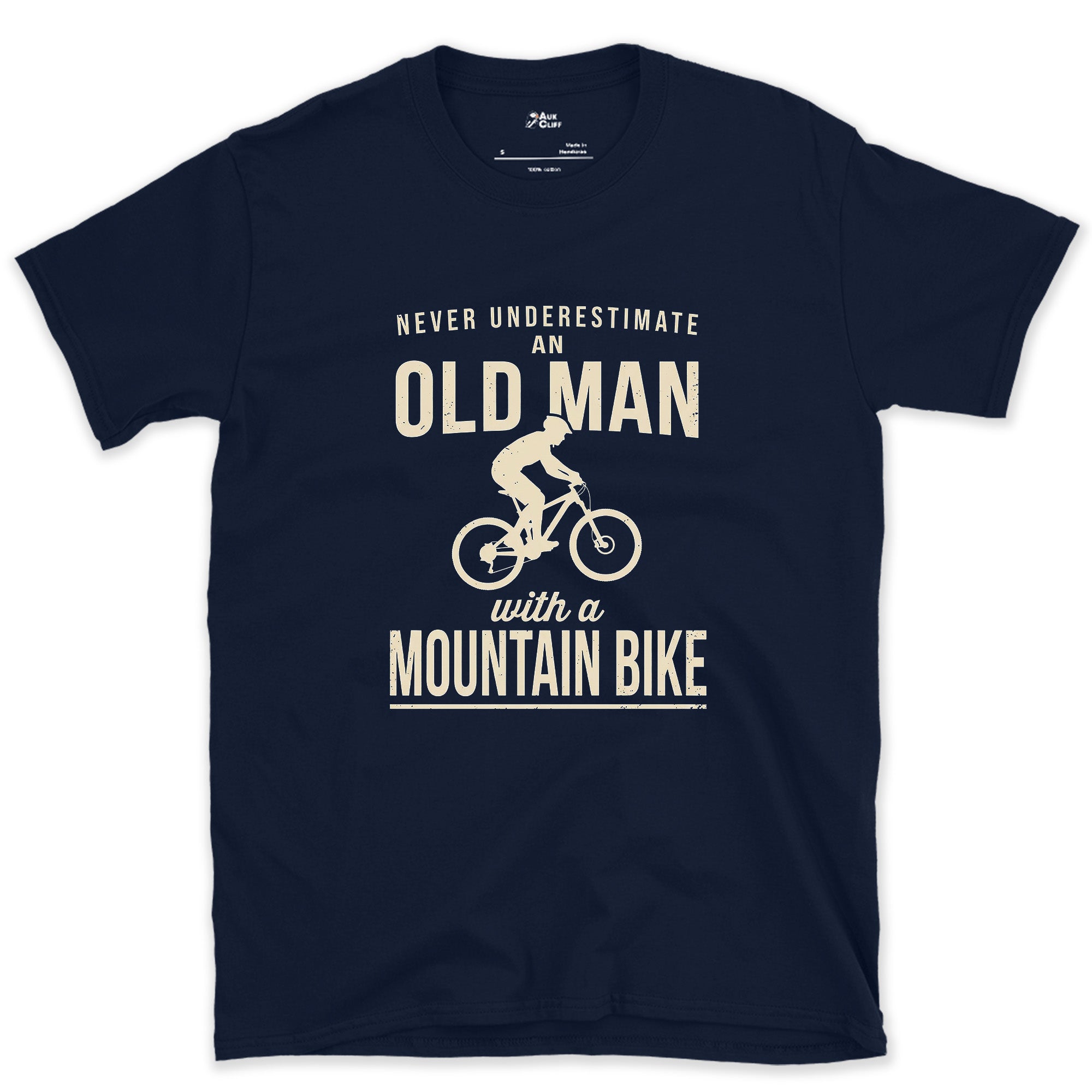 Never Underestimate an Old Man With a Mountain Bike design on a Navy Gildan Softstyle t-shirt