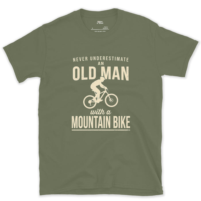 Never Underestimate an Old Man With a Mountain Bike design on a Military Green Gildan Softstyle t-shirt