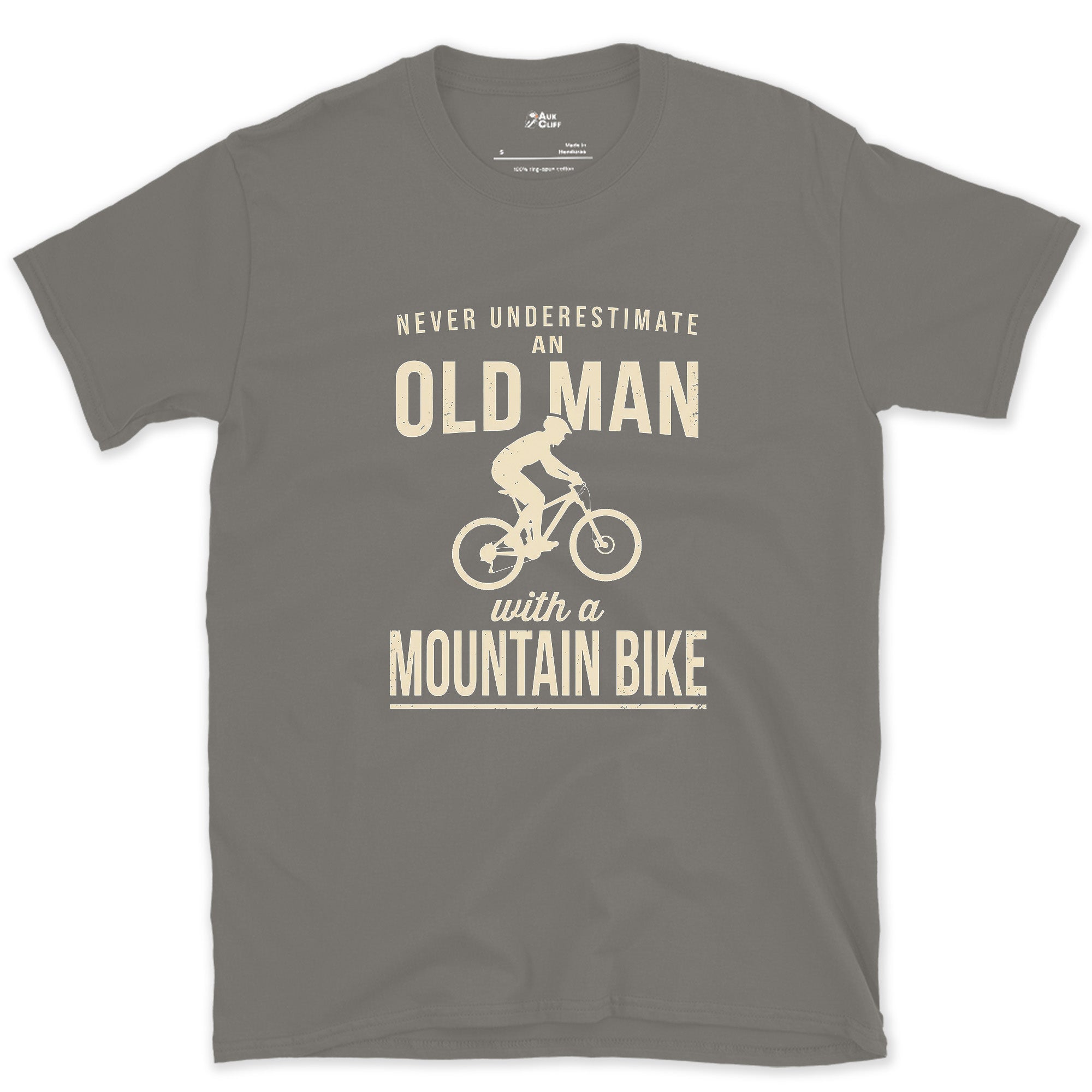 Never Underestimate an Old Man With a Mountain Bike design on a Charcoal Gildan Softstyle t-shirt