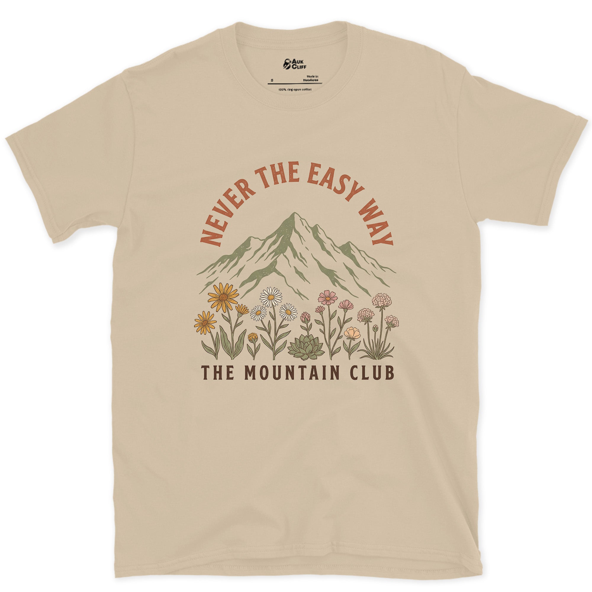 Never the Easy Way, Mountain Club design on a Sand Gildan Softstyle t-shirt