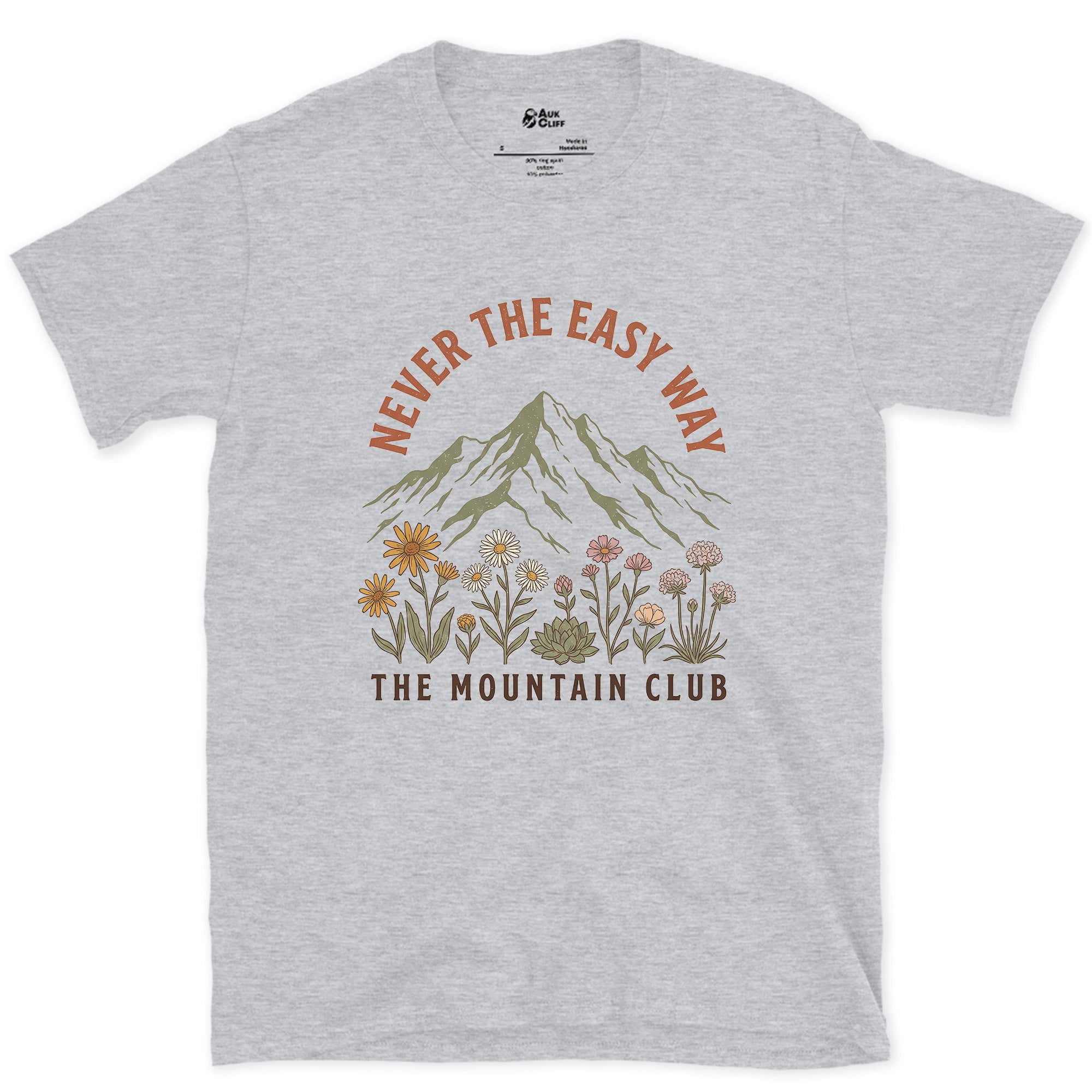 Never the Easy Way, Mountain Club design on a Sport Grey Gildan Softstyle t-shirt