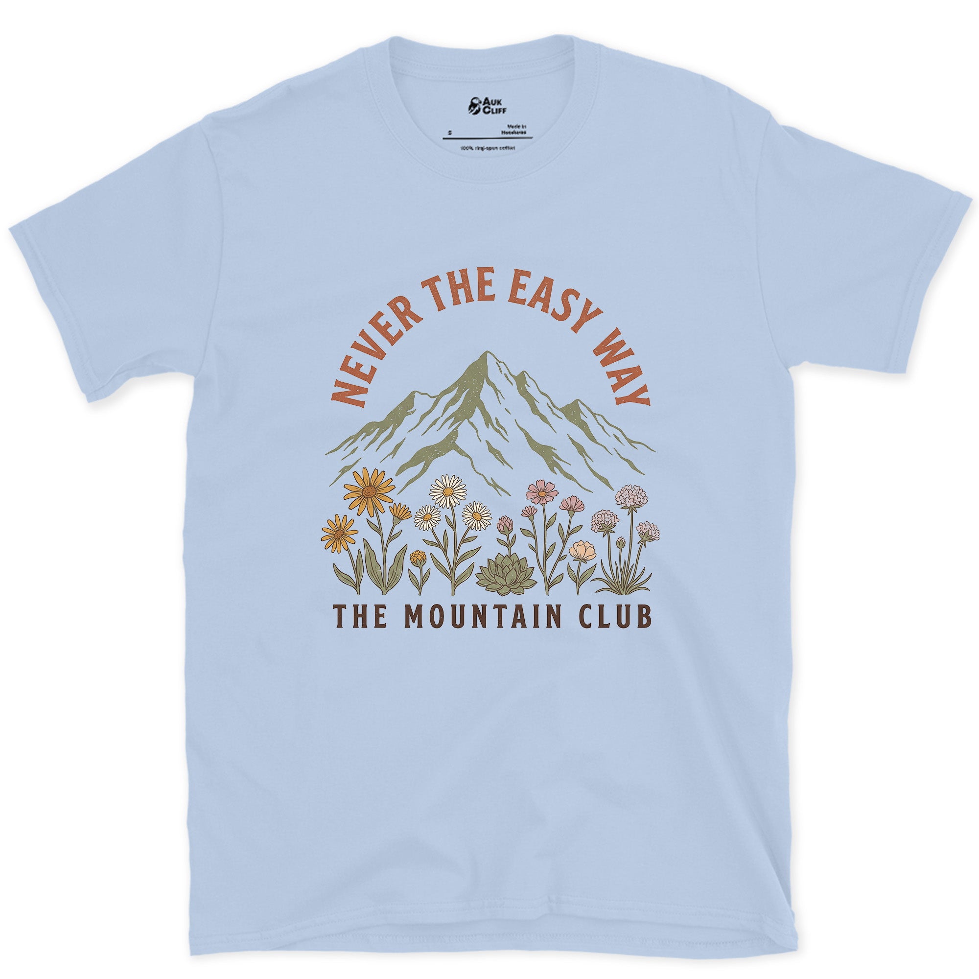 Never the Easy Way, Mountain Club design on a Light Blue Gildan Softstyle t-shirt