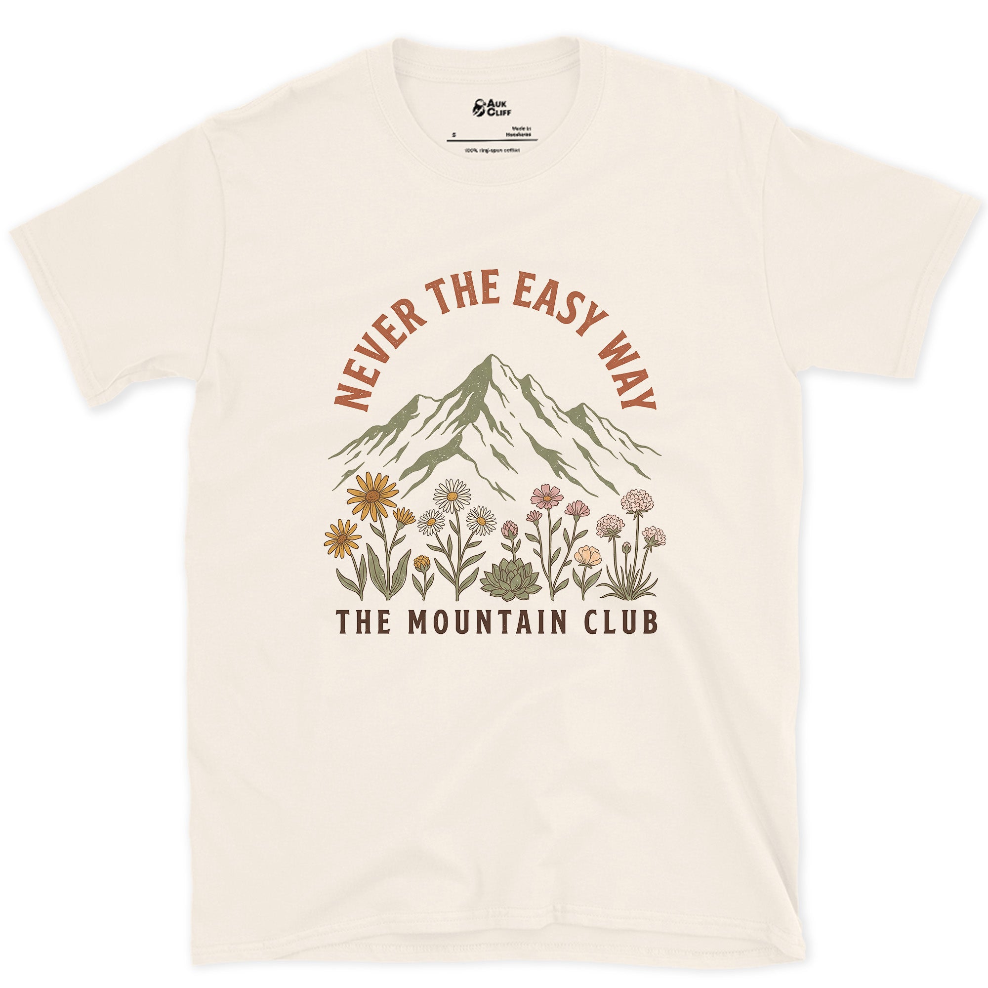 Never the Easy Way, Mountain Club design on a Natural Gildan Softstyle t-shirt