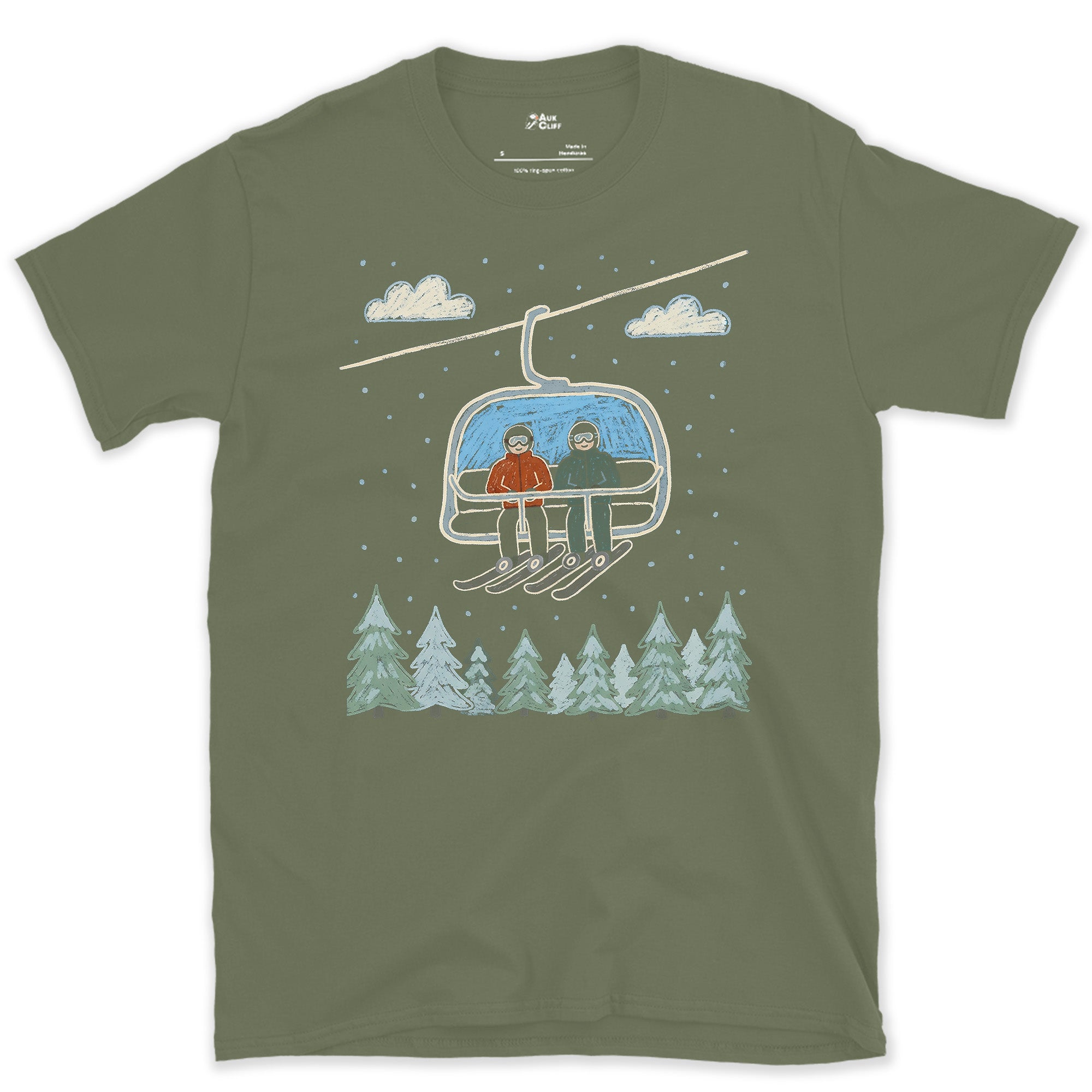The Last Lift, Caught on the Way Up design on a Military Green Gildan Softstyle t-shirt