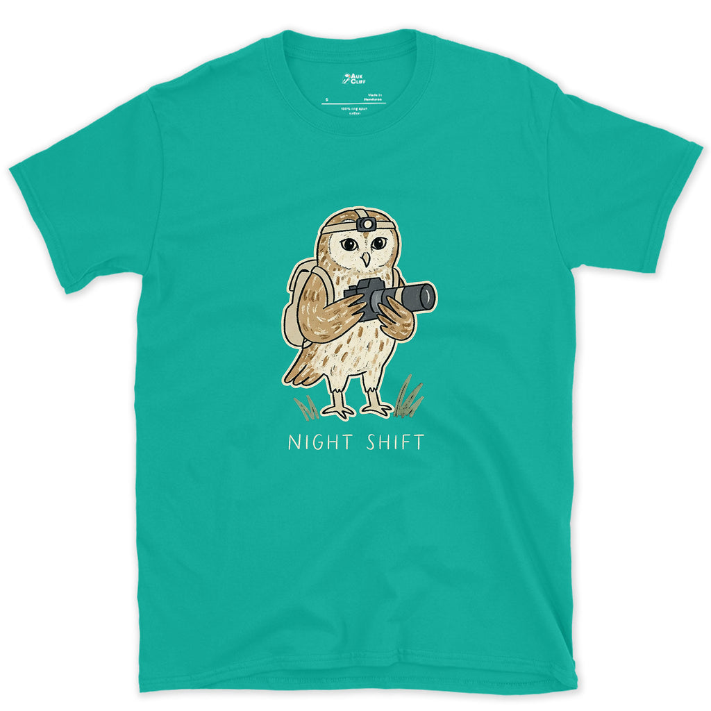 The Owl Photographer Works Nights Too design on a Jade Dome Gildan Softstyle t-shirt
