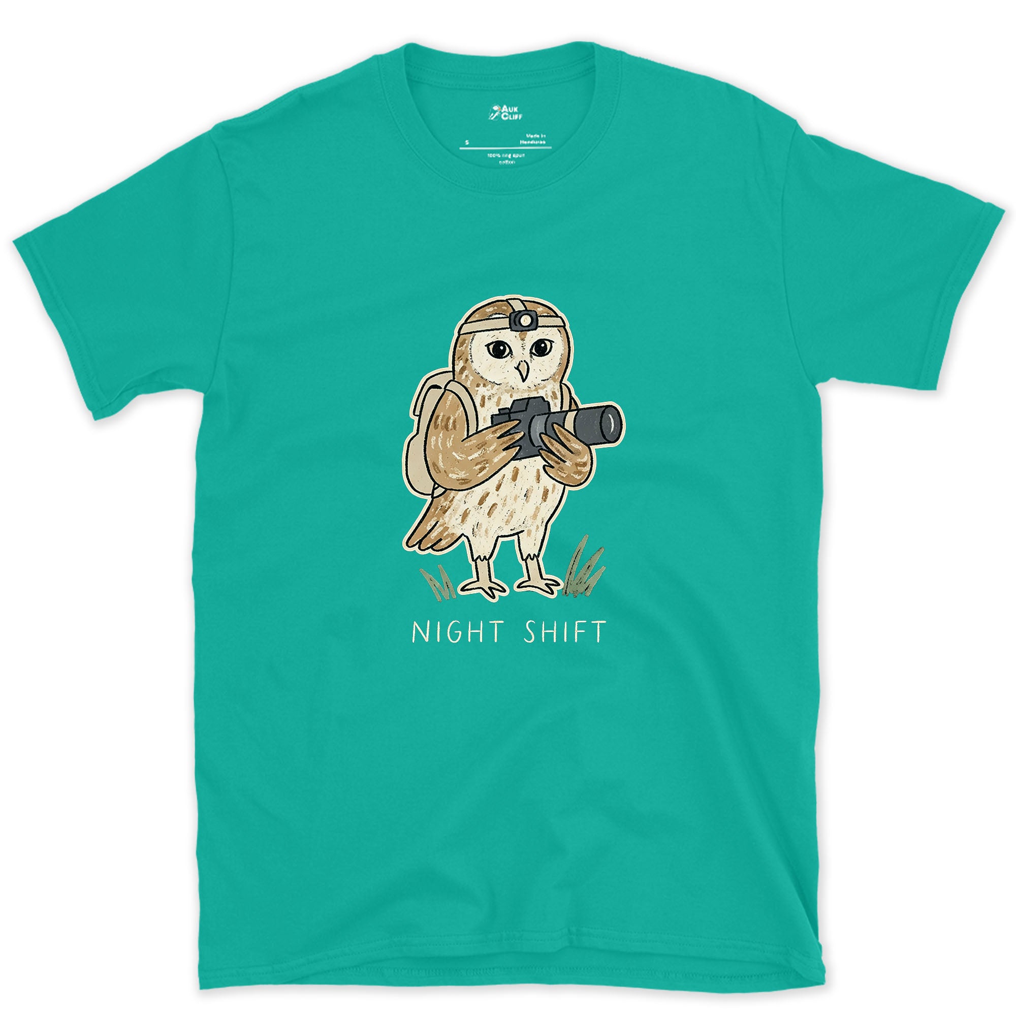 The Owl Photographer Works Nights Too design on a Jade Dome Gildan Softstyle t-shirt