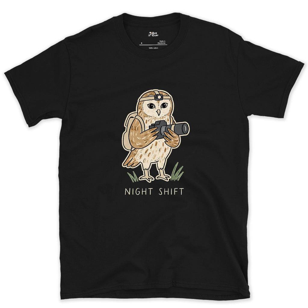 The Owl Photographer Works Nights Too design on a Black Gildan Softstyle t-shirt