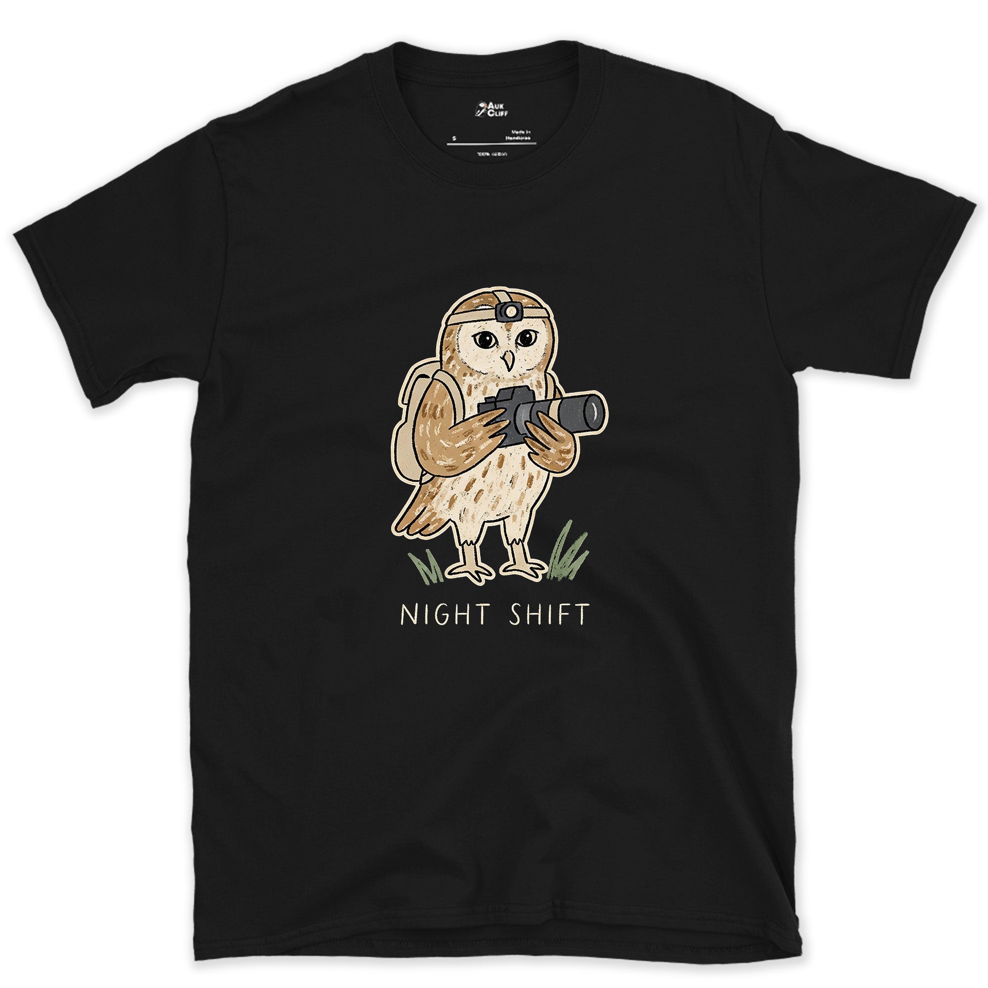 The Owl Photographer Works Nights Too design on a Black Gildan Softstyle t-shirt
