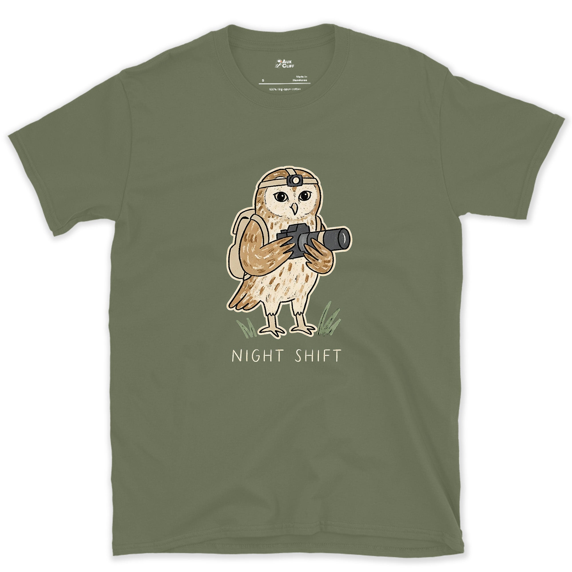 The Owl Photographer Works Nights Too design on a Military Green Gildan Softstyle t-shirt