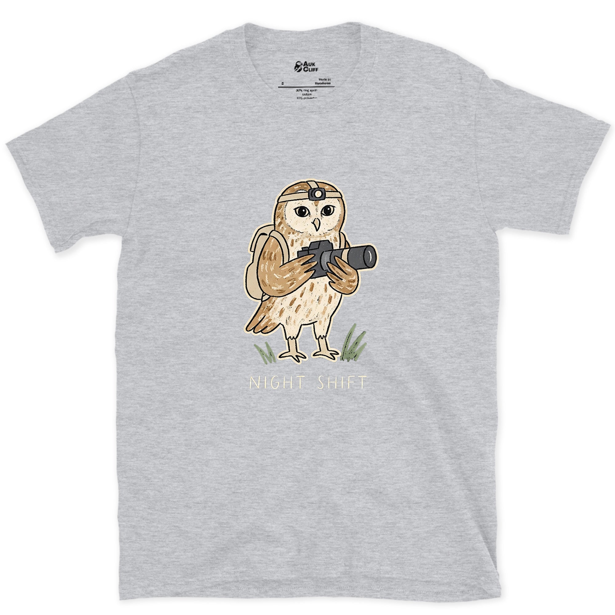 The Owl Photographer Works Nights Too design on a Sport Grey Gildan Softstyle t-shirt