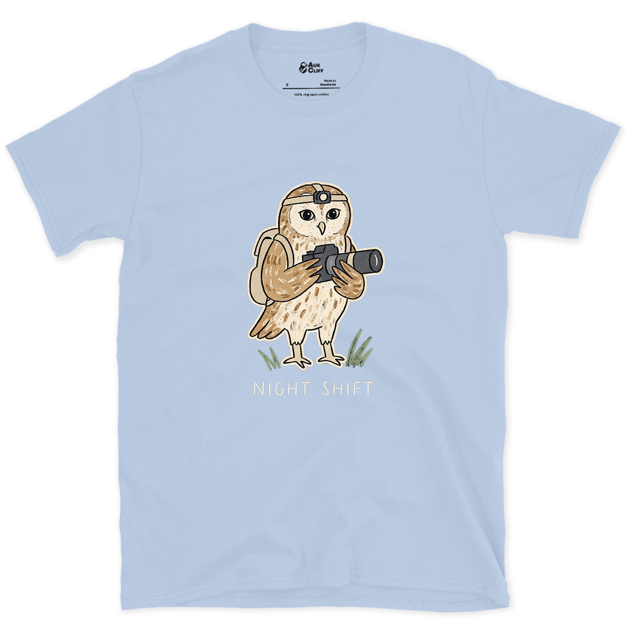 The Owl Photographer Works Nights Too design on a Light Blue Gildan Softstyle t-shirt