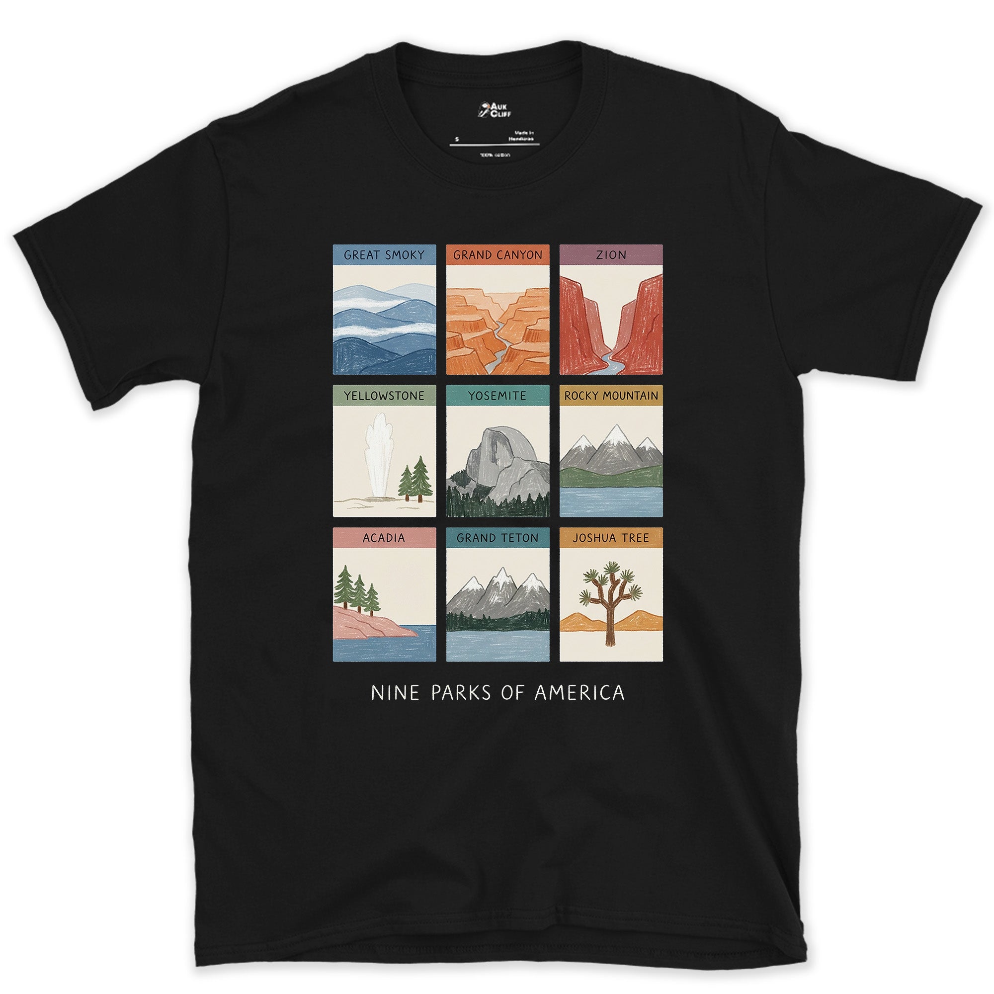 All Nine From Grand Canyon to Acadia design on a Black Gildan Softstyle t-shirt