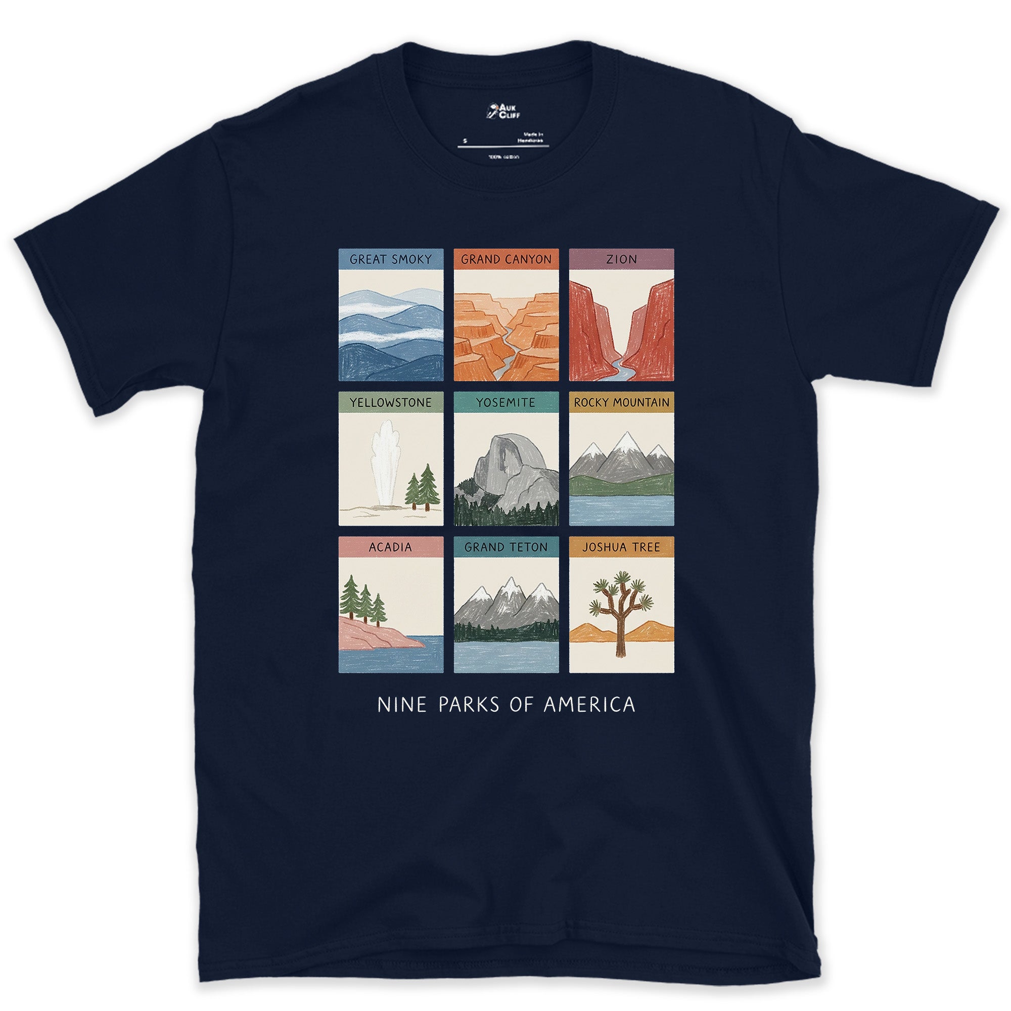 All Nine From Grand Canyon to Acadia design on a Navy Gildan Softstyle t-shirt