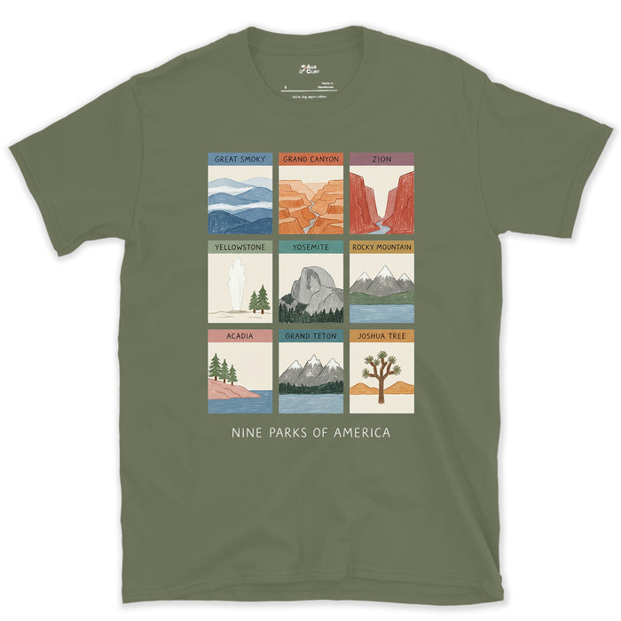 All Nine From Grand Canyon to Acadia design on a Military Green Gildan Softstyle t-shirt