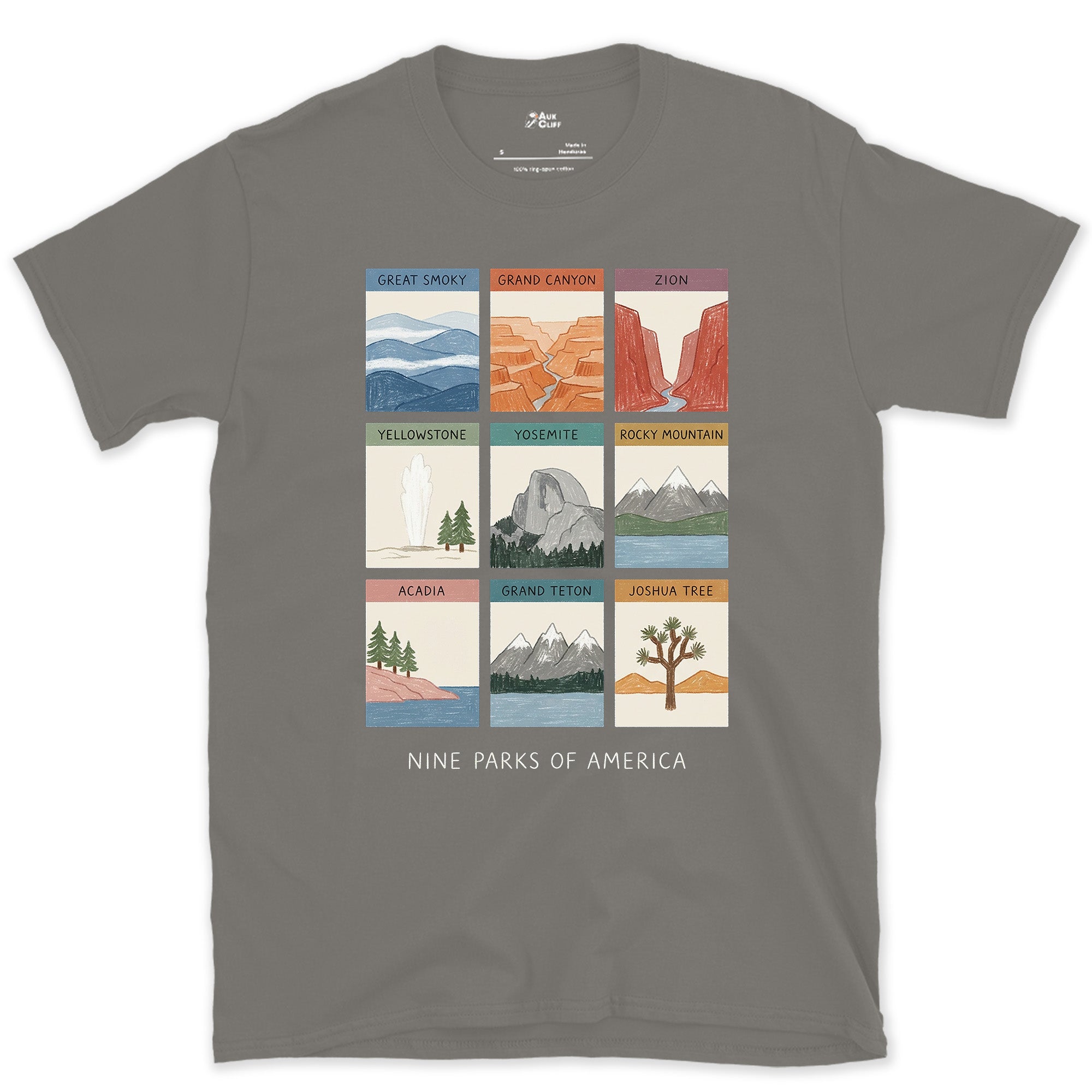 All Nine From Grand Canyon to Acadia design on a Charcoal Gildan Softstyle t-shirt