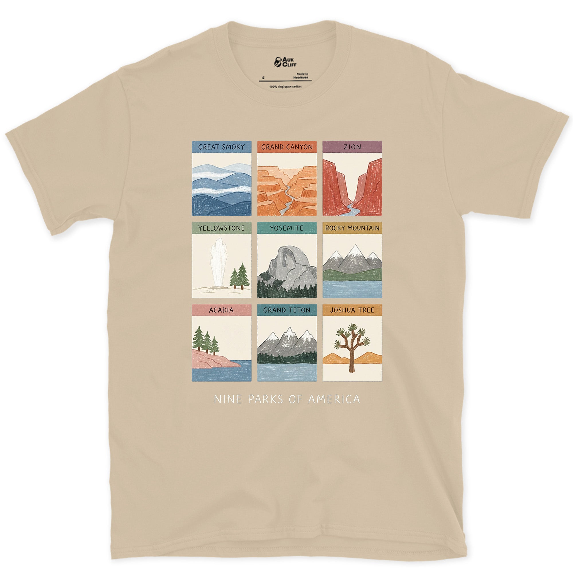 All Nine From Grand Canyon to Acadia design on a Sand Gildan Softstyle t-shirt