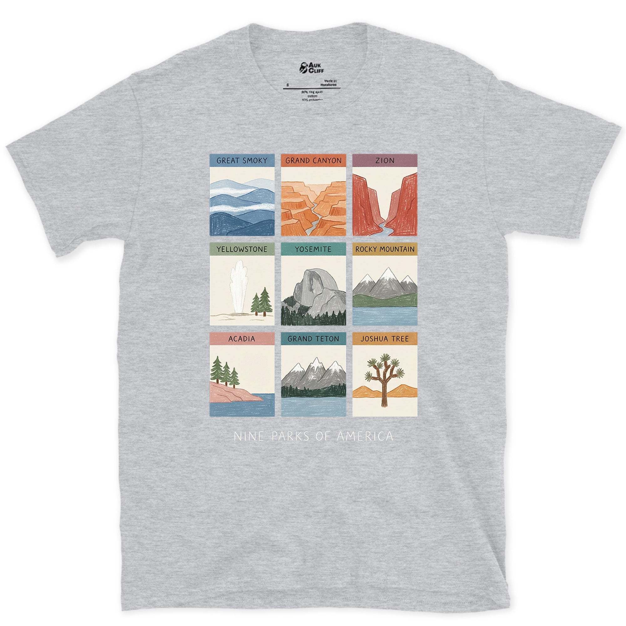 All Nine From Grand Canyon to Acadia design on a Sport Grey Gildan Softstyle t-shirt