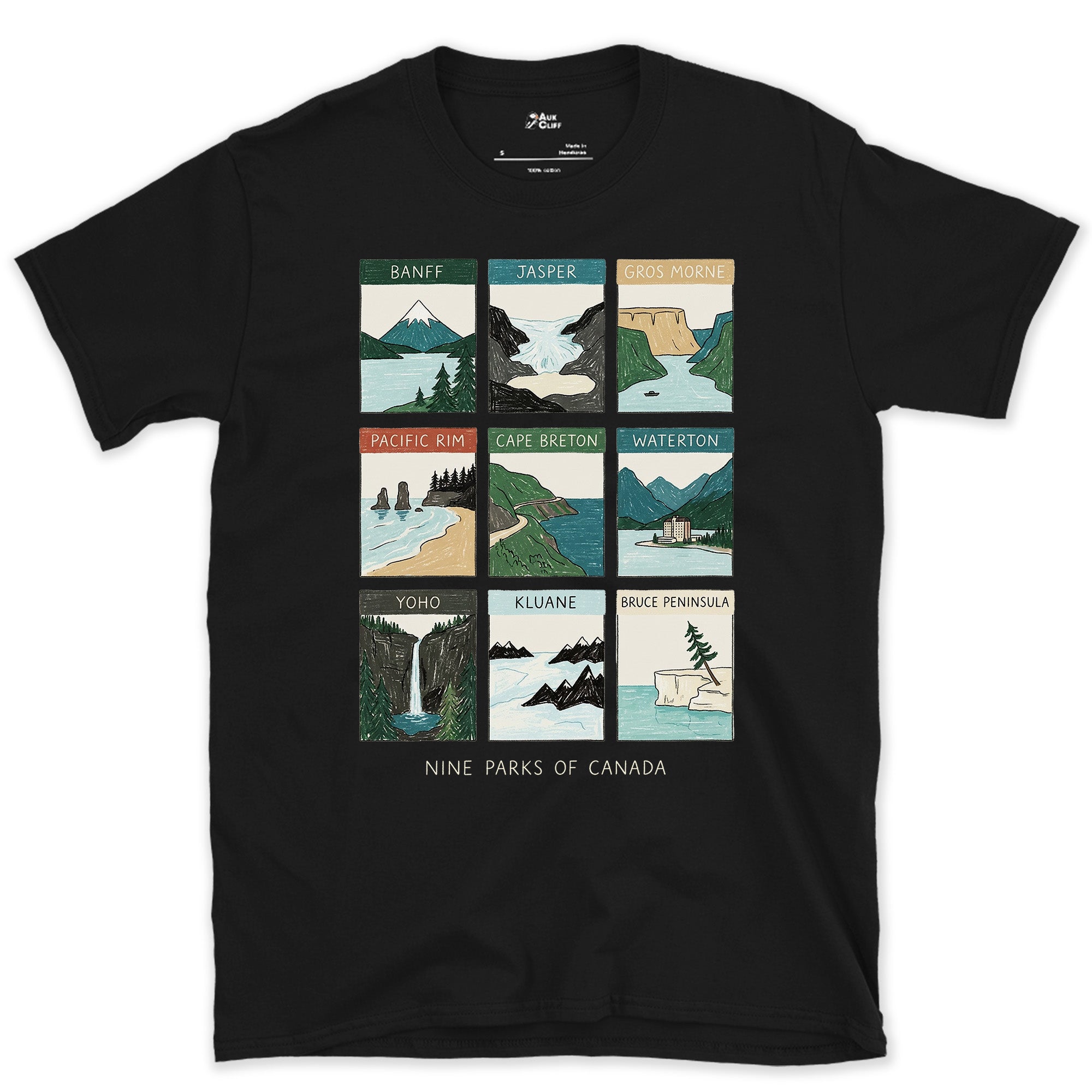Nine Parks From Coast to Coast design on a Black Gildan Softstyle t-shirt