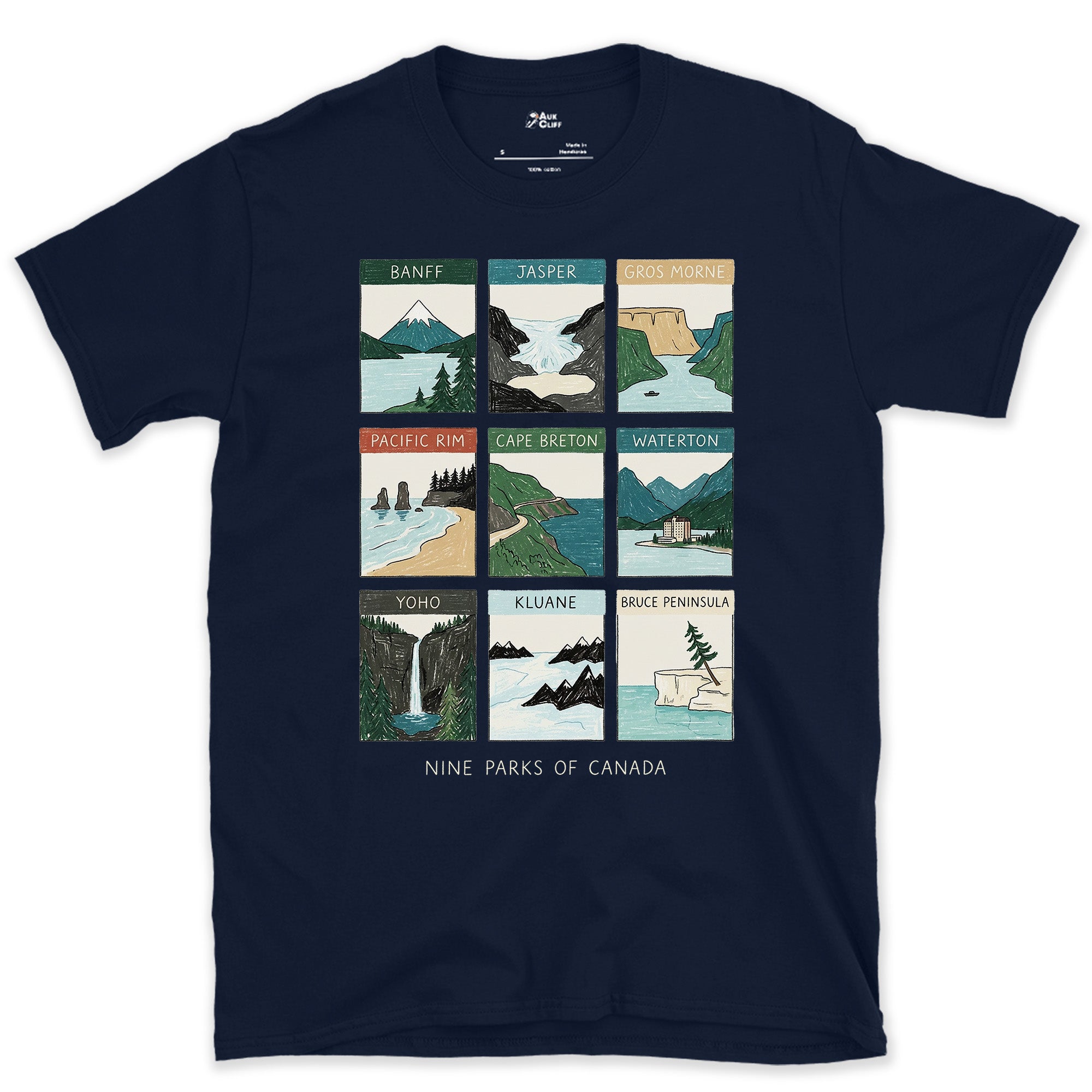 Nine Parks From Coast to Coast design on a Navy Gildan Softstyle t-shirt