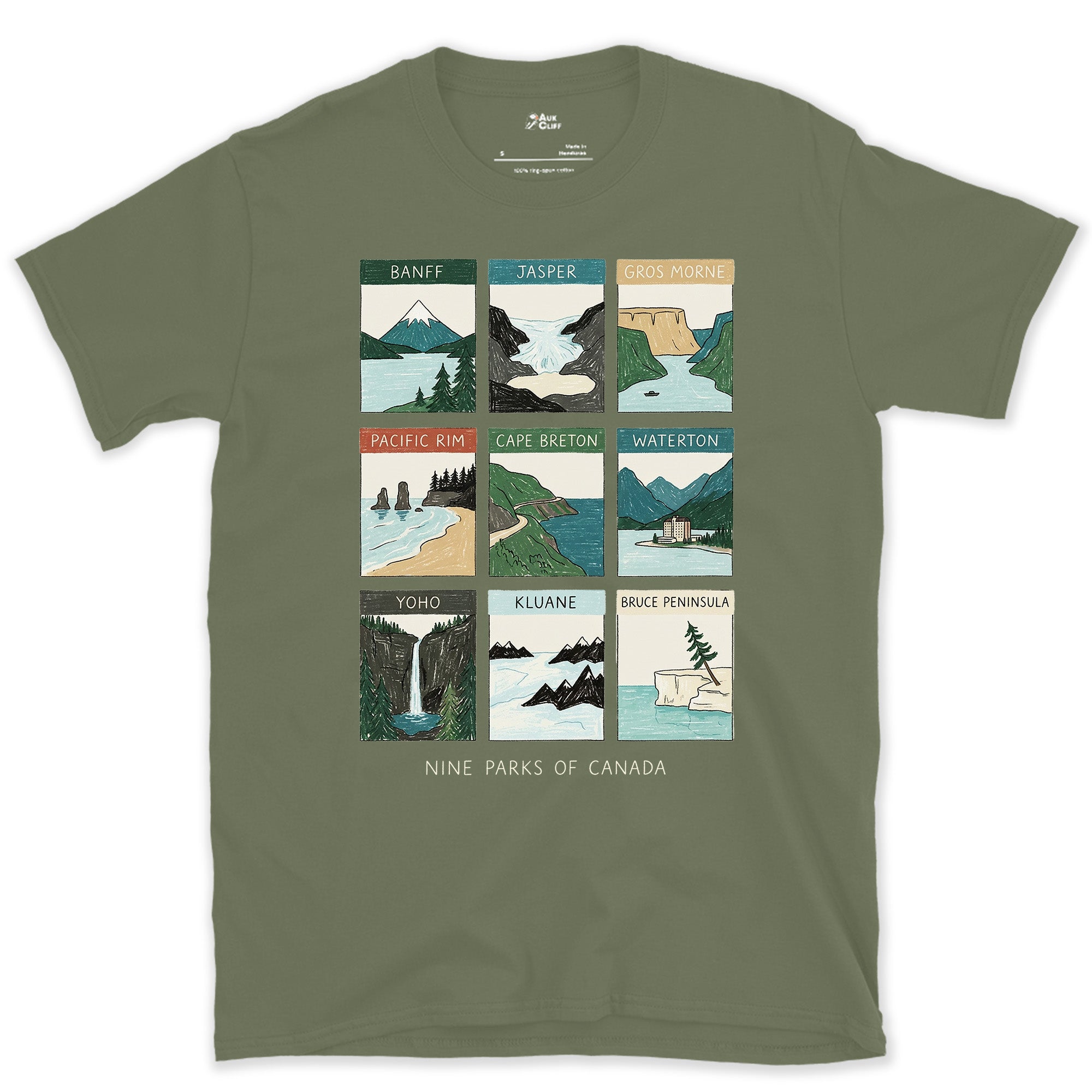 Nine Parks From Coast to Coast design on a Military Green Gildan Softstyle t-shirt