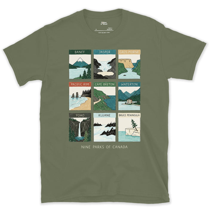 Nine Parks From Coast to Coast design on a Military Green Gildan Softstyle t-shirt
