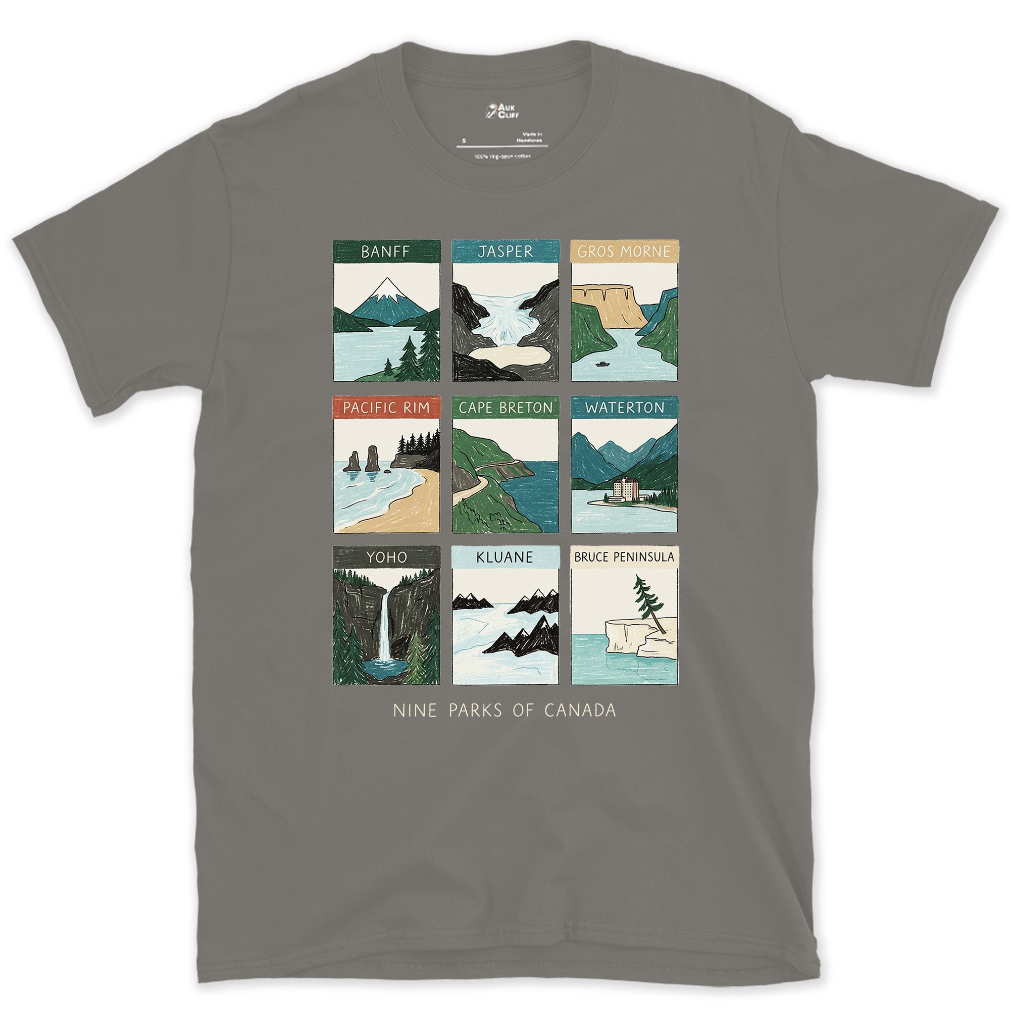 Nine Parks From Coast to Coast design on a Charcoal Gildan Softstyle t-shirt