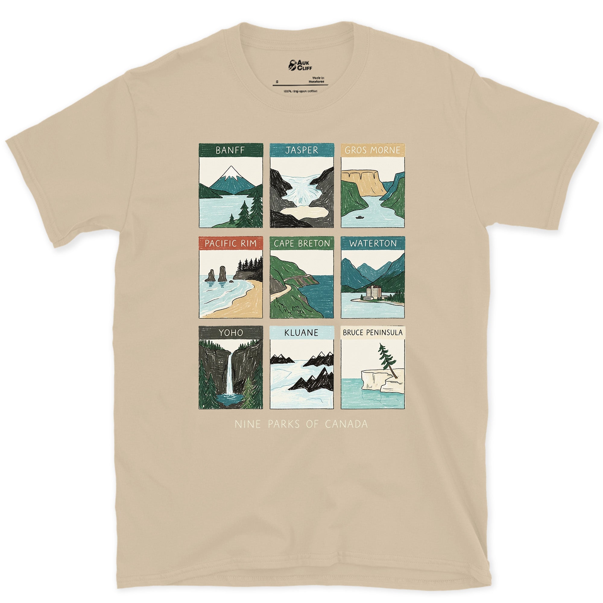 Nine Parks From Coast to Coast design on a Sand Gildan Softstyle t-shirt