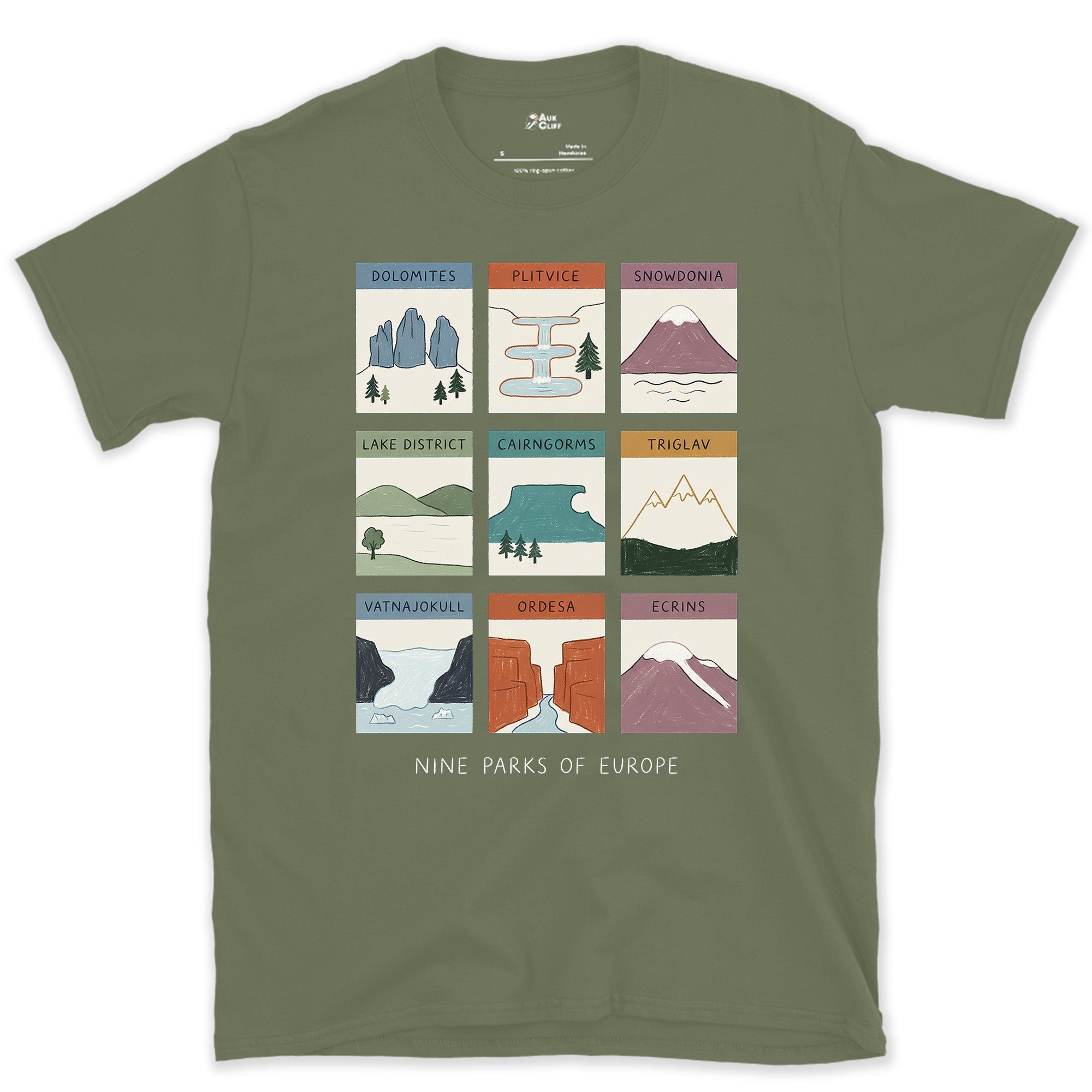 Nine Parks Across One Continent design on a Military Green Gildan Softstyle t-shirt
