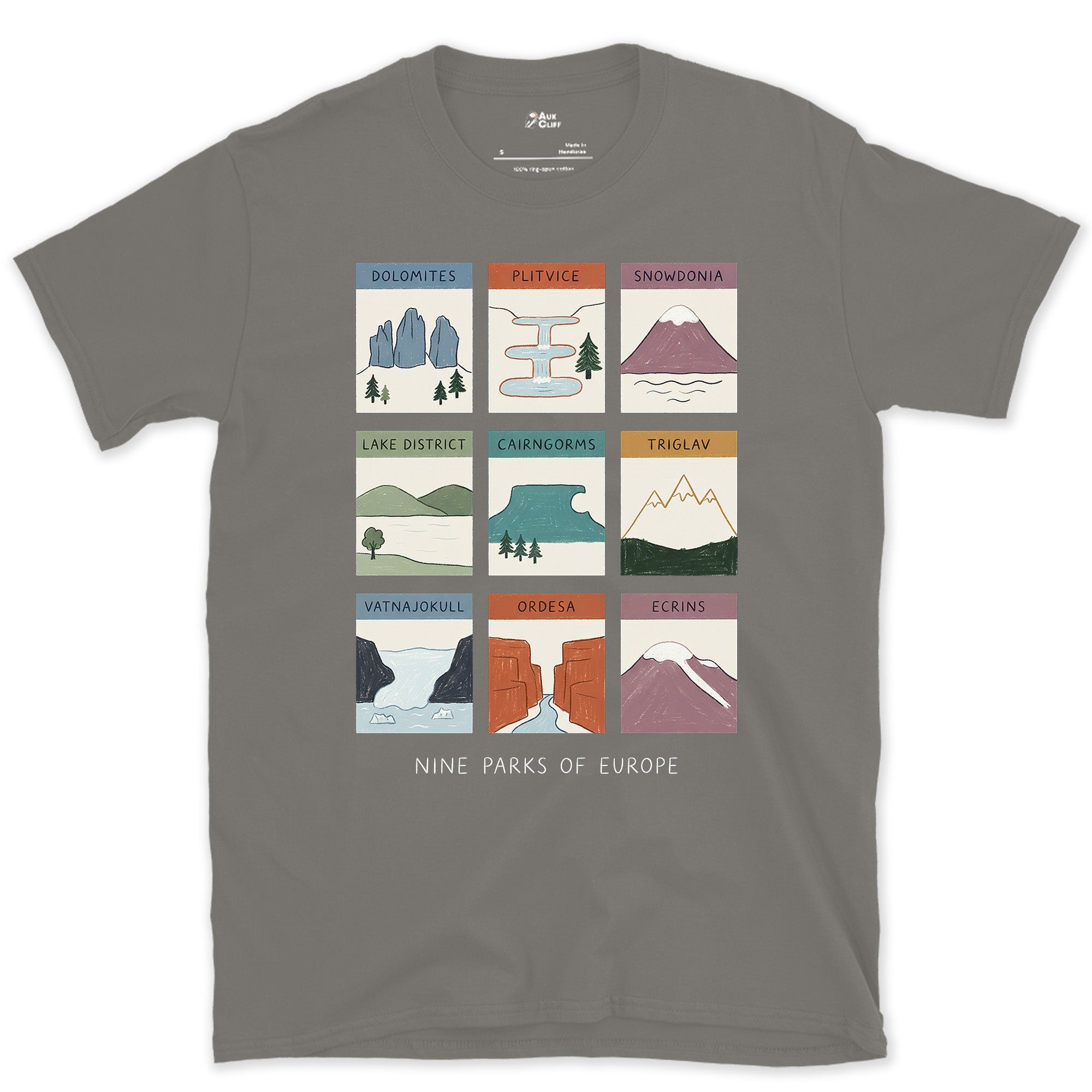 Nine Parks Across One Continent design on a Charcoal Gildan Softstyle t-shirt
