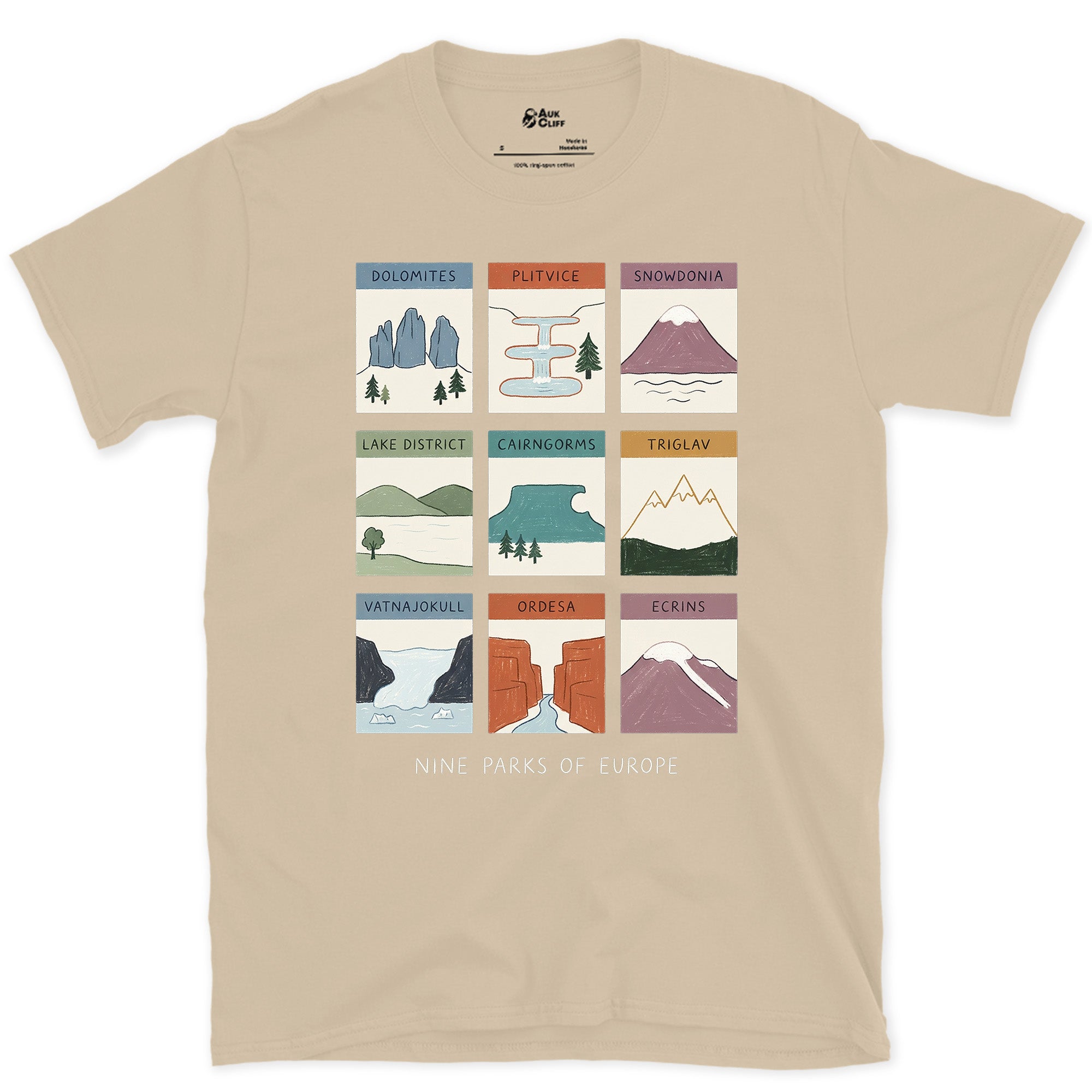 Nine Parks Across One Continent design on a Sand Gildan Softstyle t-shirt