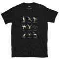 Puffin to Great Skua, Nine Seabirds design on a Black Gildan Softstyle t-shirt