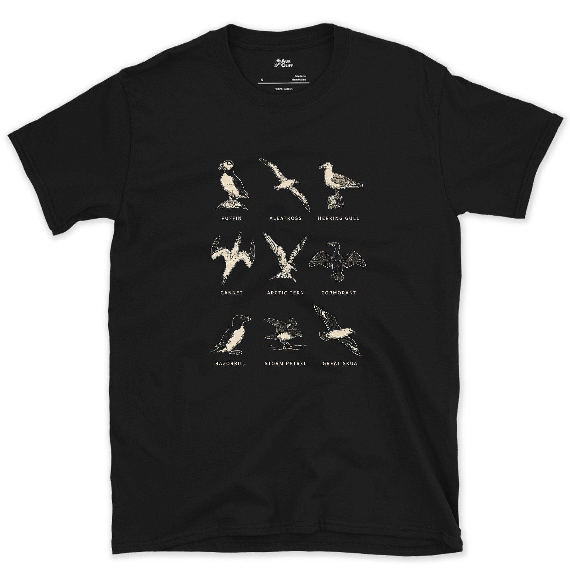 Puffin to Great Skua, Nine Seabirds design on a Black Gildan Softstyle t-shirt