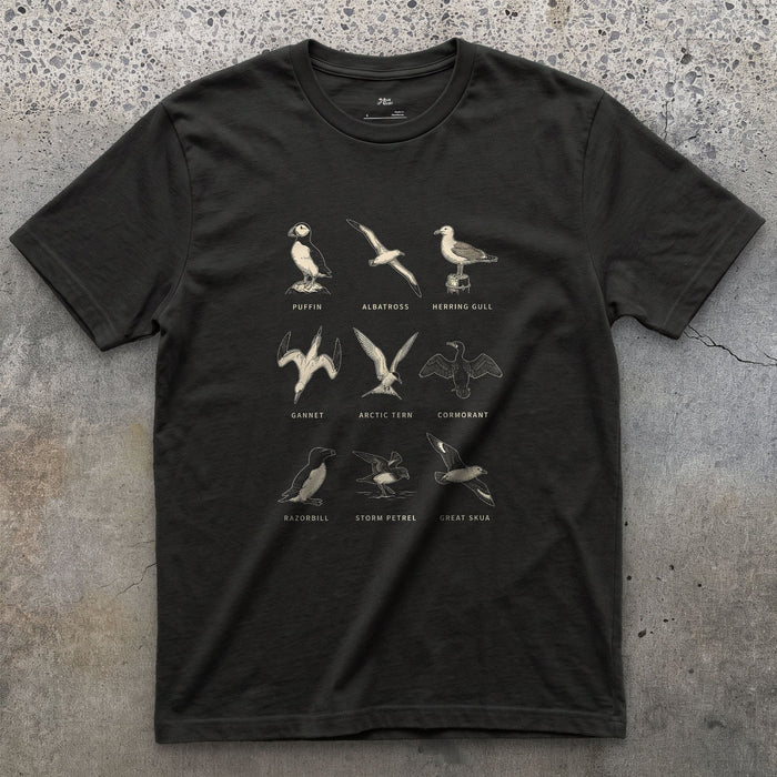 Puffin to Great Skua, Nine Seabirds design on a Black Gildan Softstyle t-shirt