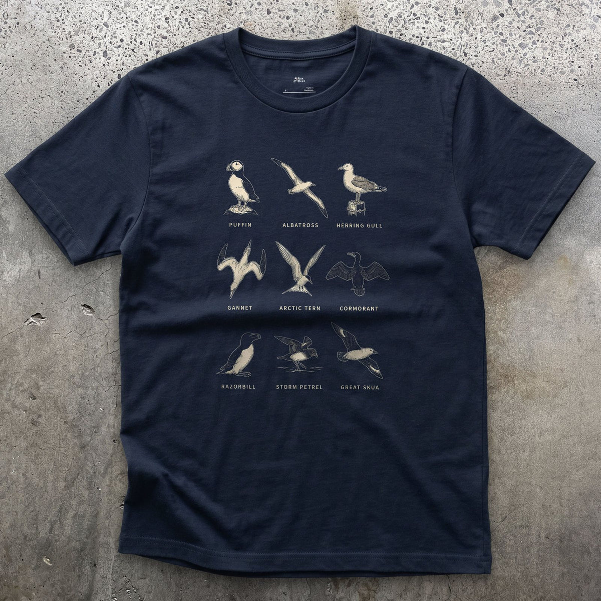 Puffin to Great Skua, Nine Seabirds design on a Navy Gildan Softstyle t-shirt