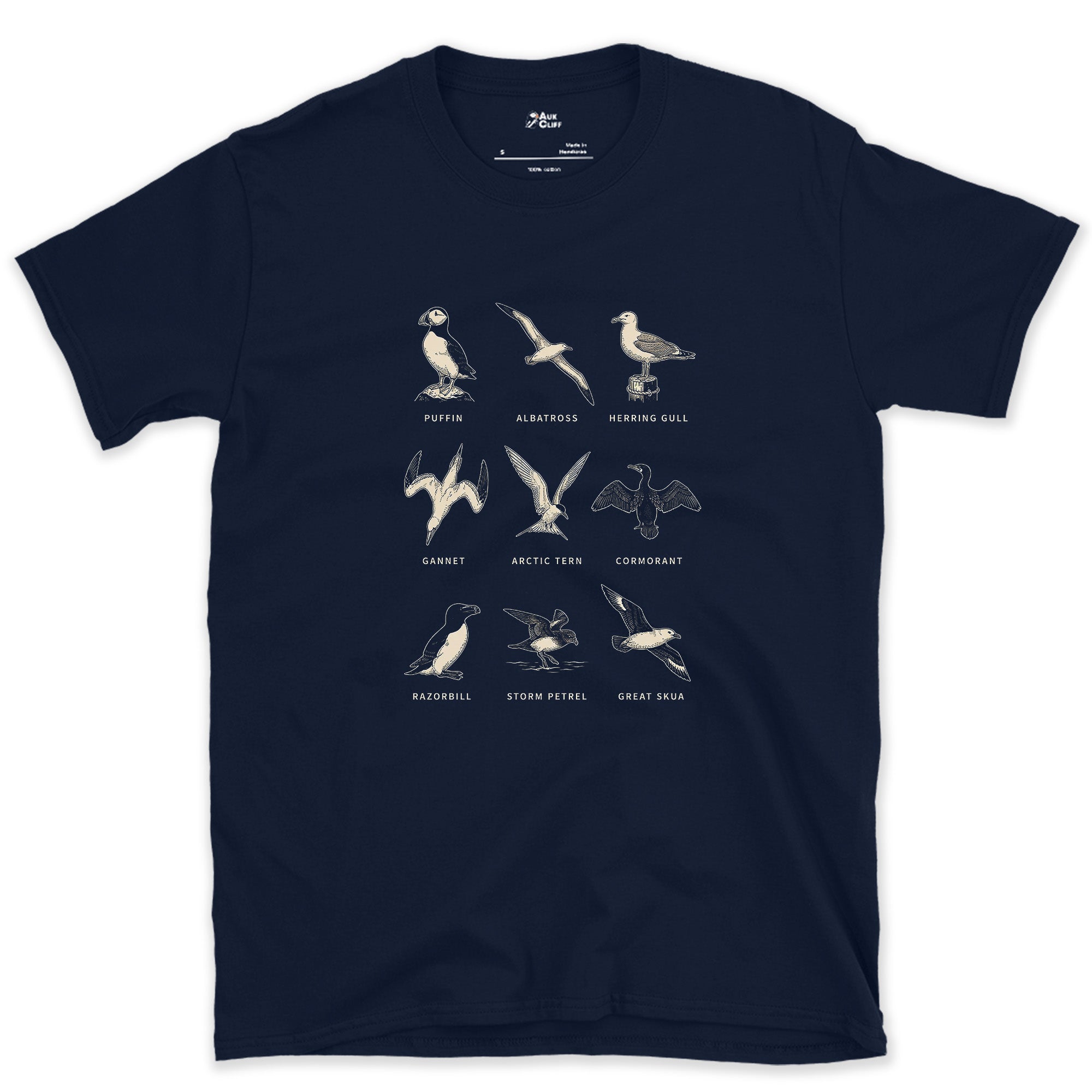 Puffin to Great Skua, Nine Seabirds design on a Navy Gildan Softstyle t-shirt