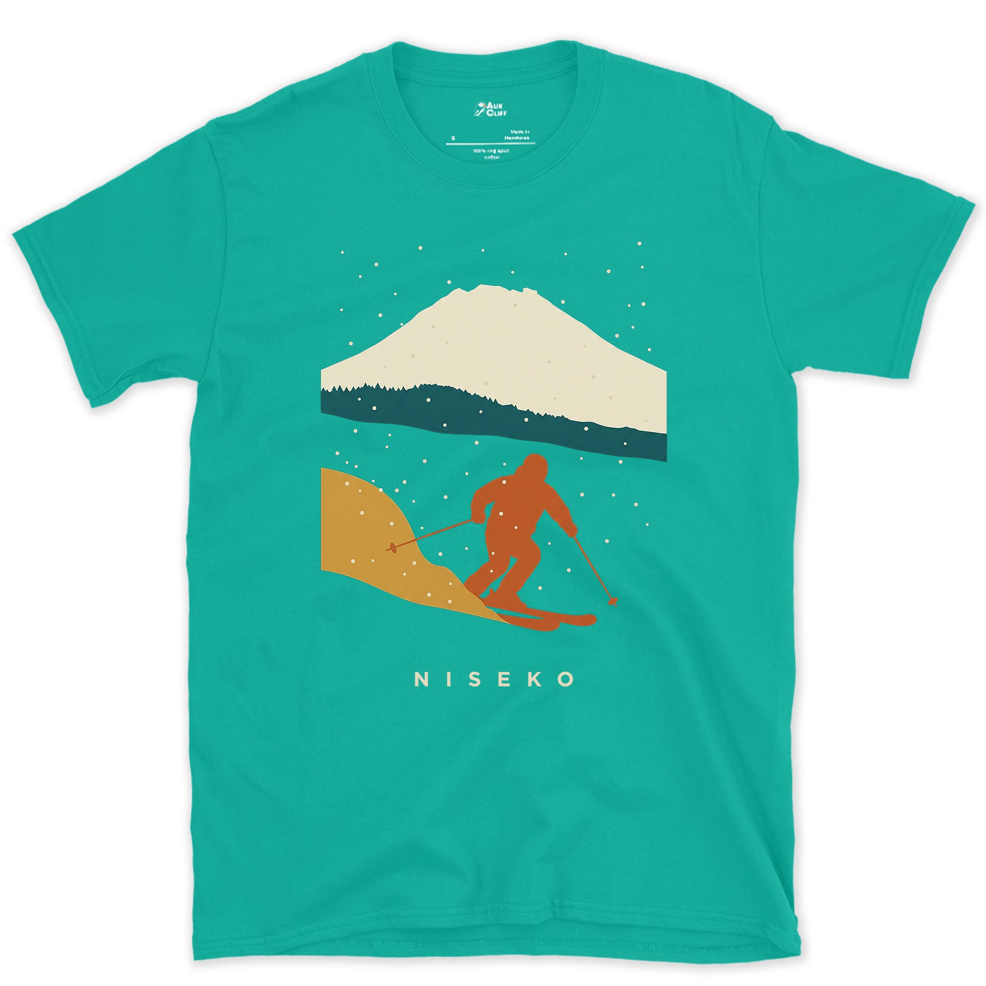 Niseko Skier Beneath the Snow Capped Volcano design on a Jade Dome Gildan Softstyle t-shirt