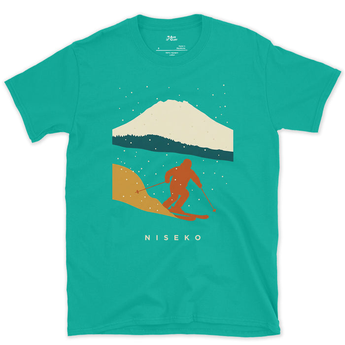 Niseko Skier Beneath the Snow Capped Volcano design on a Jade Dome Gildan Softstyle t-shirt
