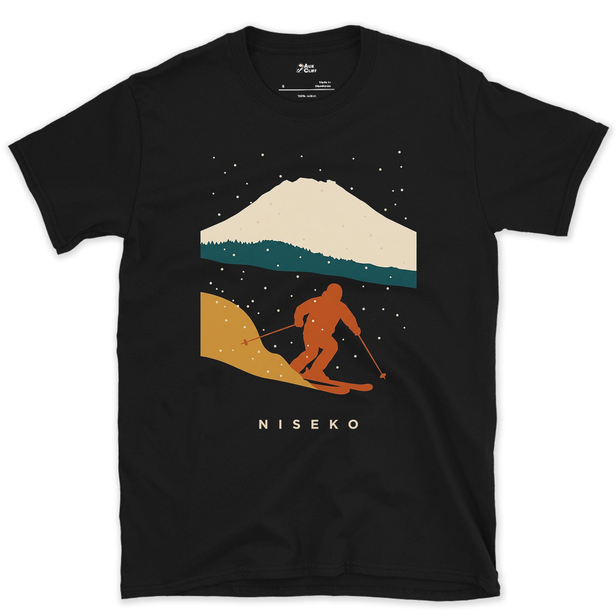 Niseko Skier Beneath the Snow Capped Volcano design on a Black Gildan Softstyle t-shirt