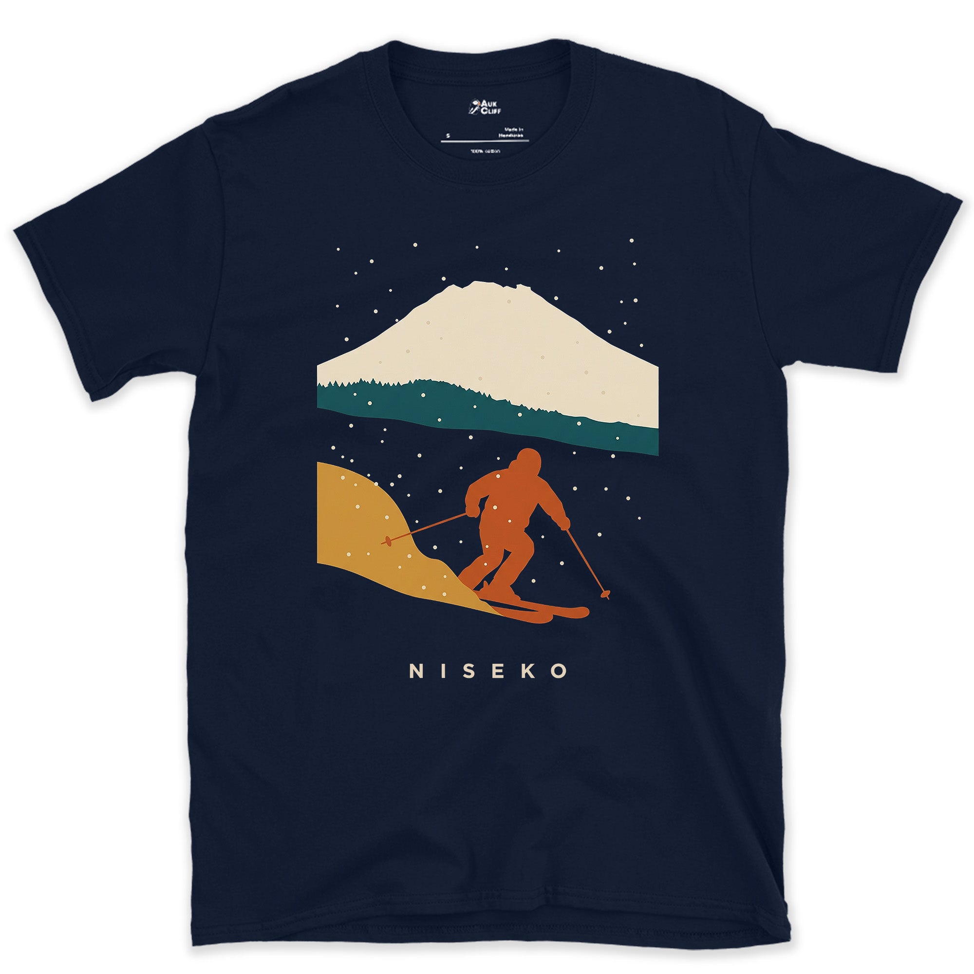 Niseko Skier Beneath the Snow Capped Volcano design on a Navy Gildan Softstyle t-shirt