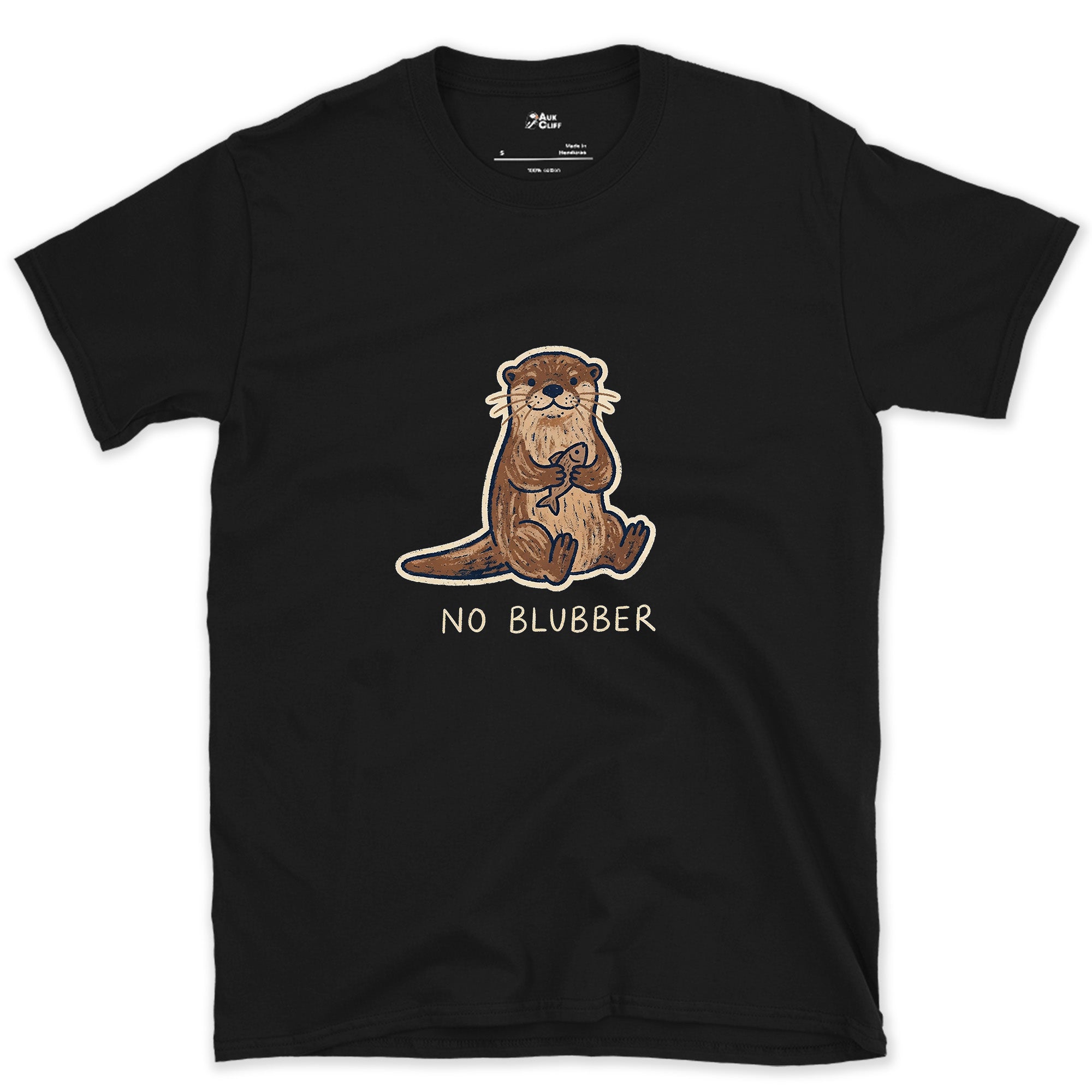 No Blubber, Otter Holding a Fish design on a Black Gildan Softstyle t-shirt