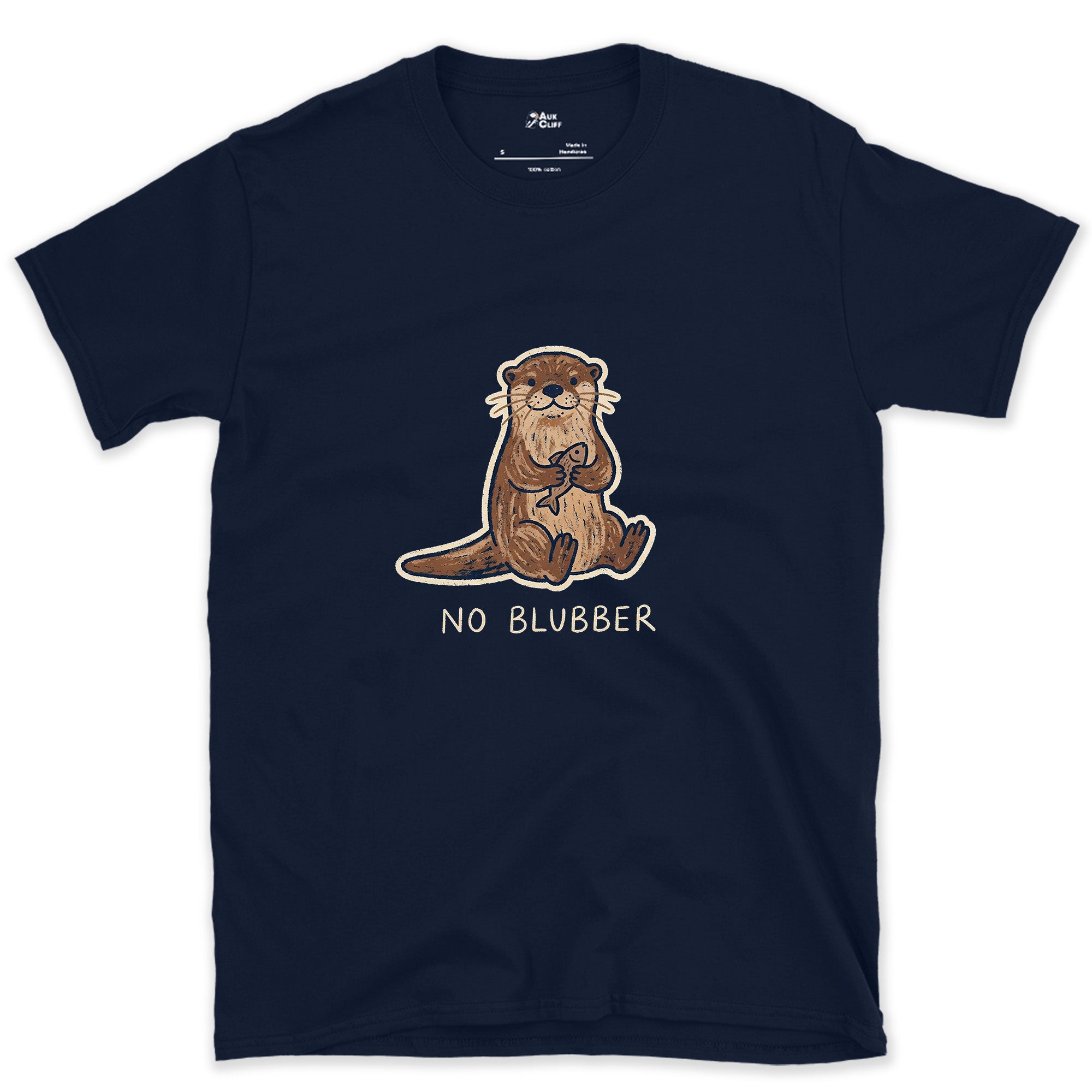 No Blubber, Otter Holding a Fish design on a Navy Gildan Softstyle t-shirt