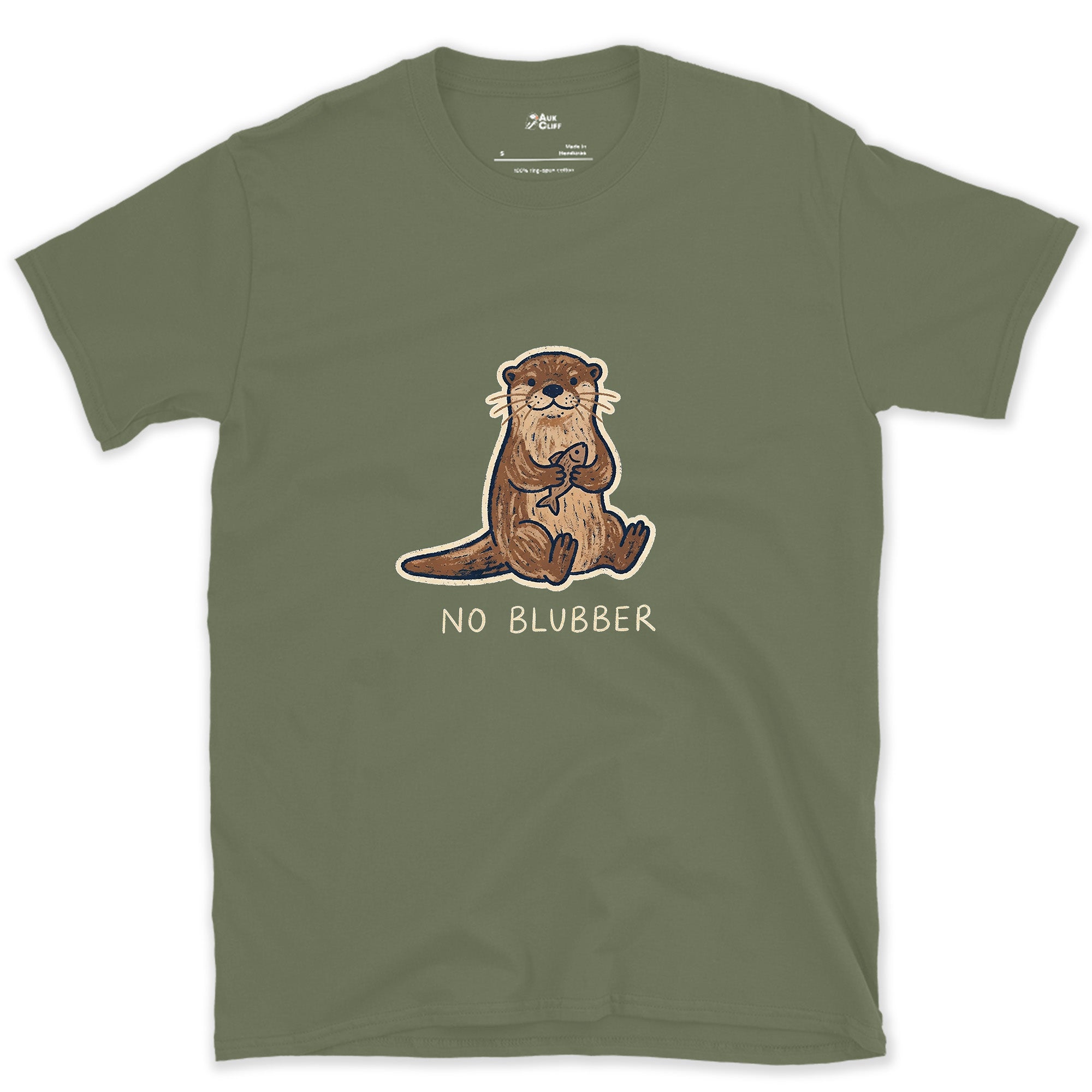 No Blubber, Otter Holding a Fish design on a Military Green Gildan Softstyle t-shirt