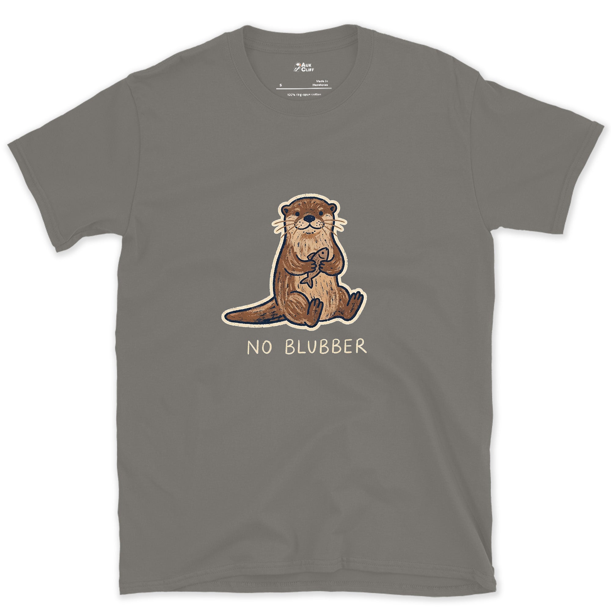 No Blubber, Otter Holding a Fish design on a Charcoal Gildan Softstyle t-shirt